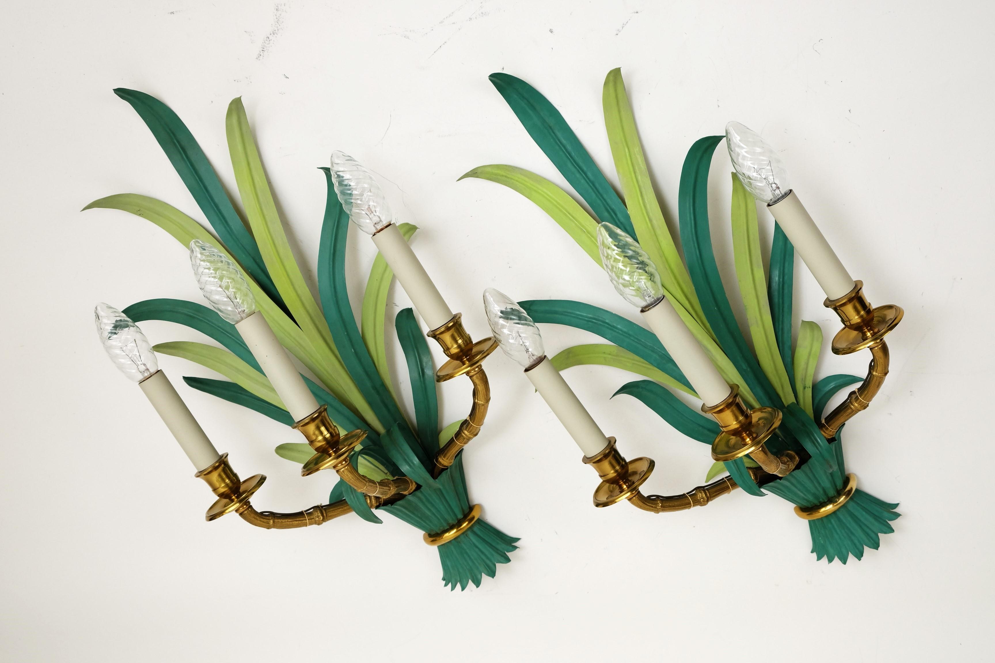 Mid-Century Modern Pair of Wall Lamps / Sconces by Maison Bagues Bamboo Palm Leaves, France 1950s For Sale