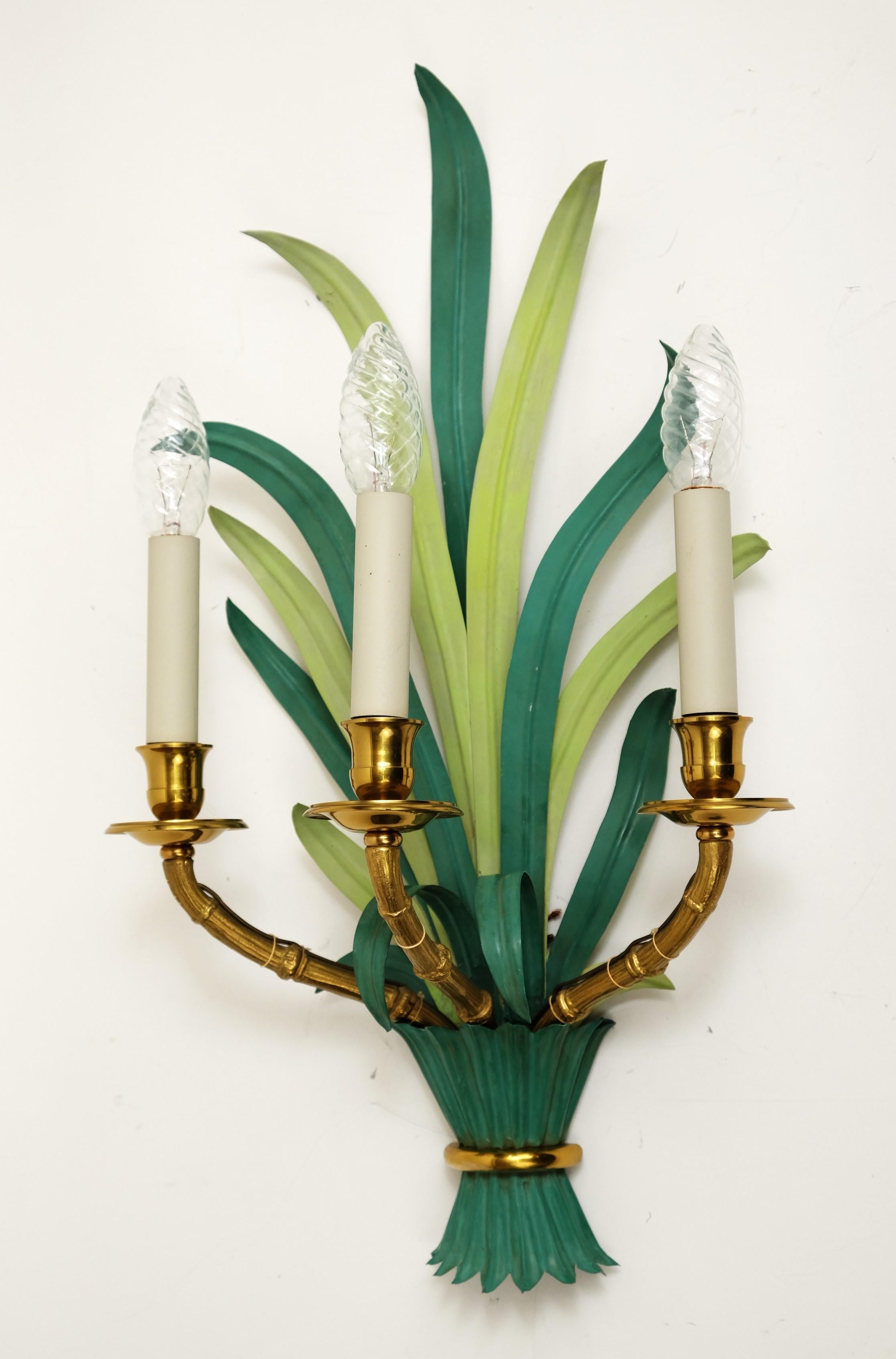 Pair of Wall Lamps / Sconces by Maison Bagues Bamboo Palm Leaves, France 1950s For Sale 1
