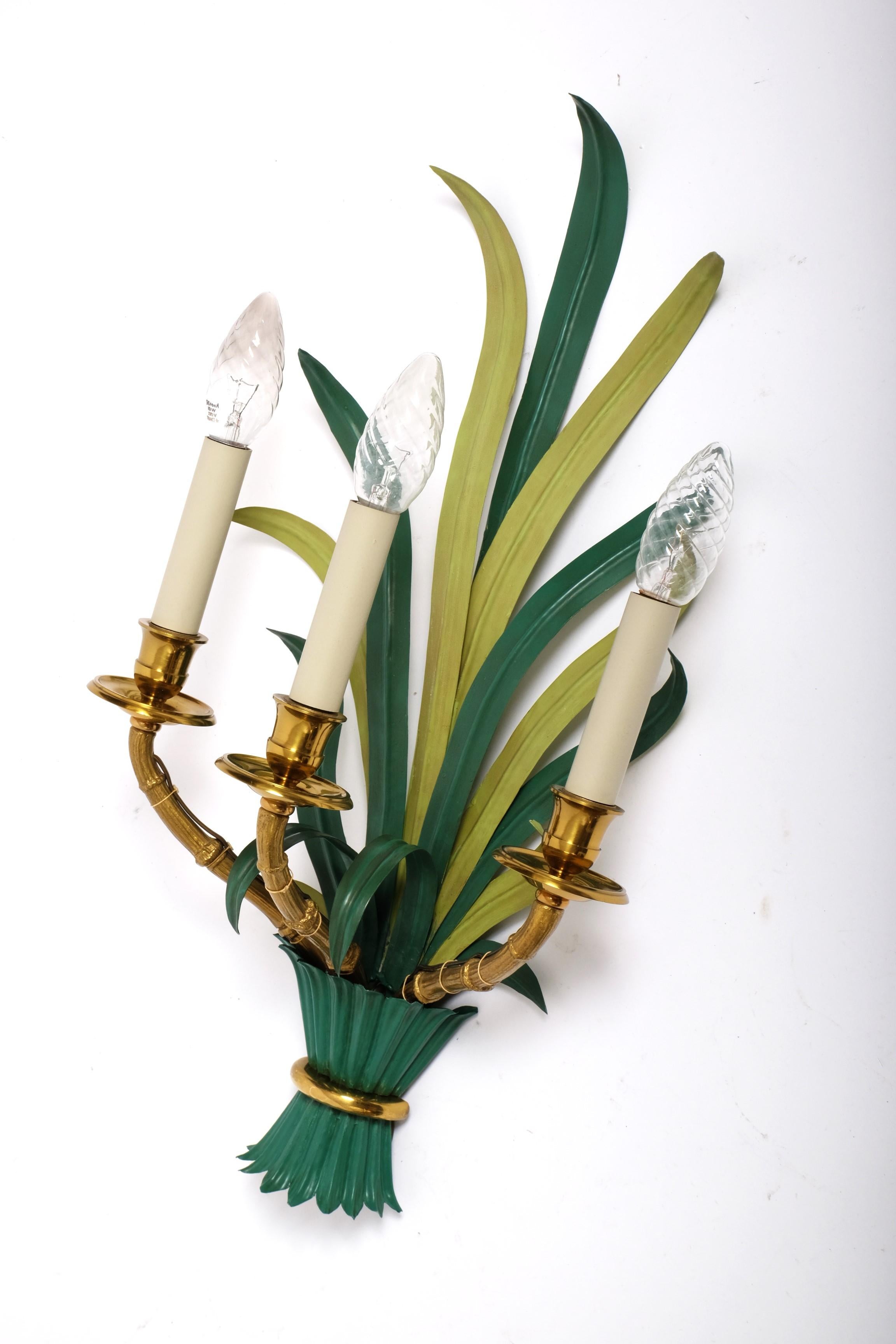 Pair of Mid Century Sconces by Maison Bagues Bamboo Palm Leaves, France 1950s 1