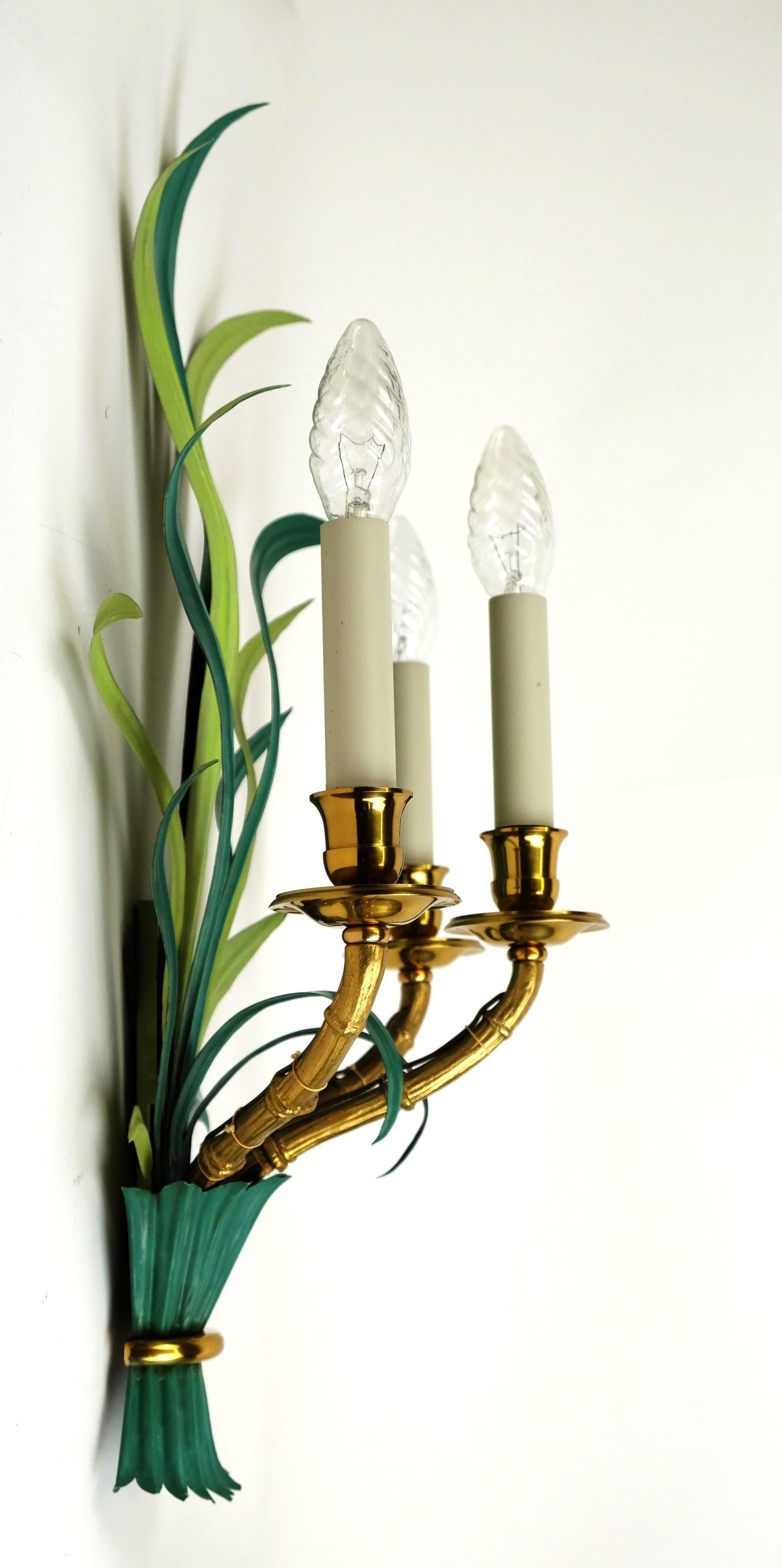 Pair of Wall Lamps / Sconces by Maison Bagues Bamboo Palm Leaves, France 1950s For Sale 9