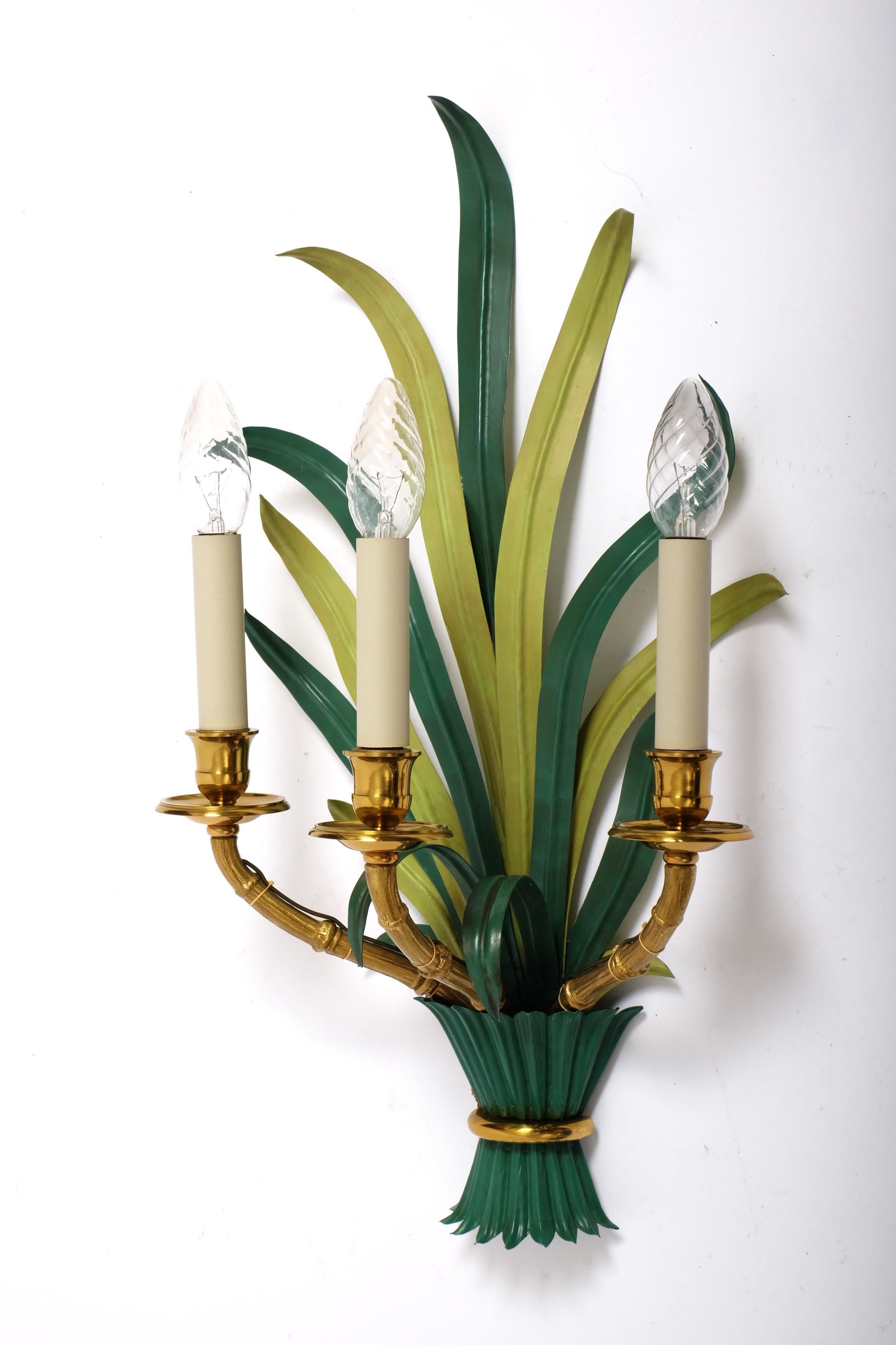 Pair of Mid Century Sconces by Maison Bagues Bamboo Palm Leaves, France 1950s 2