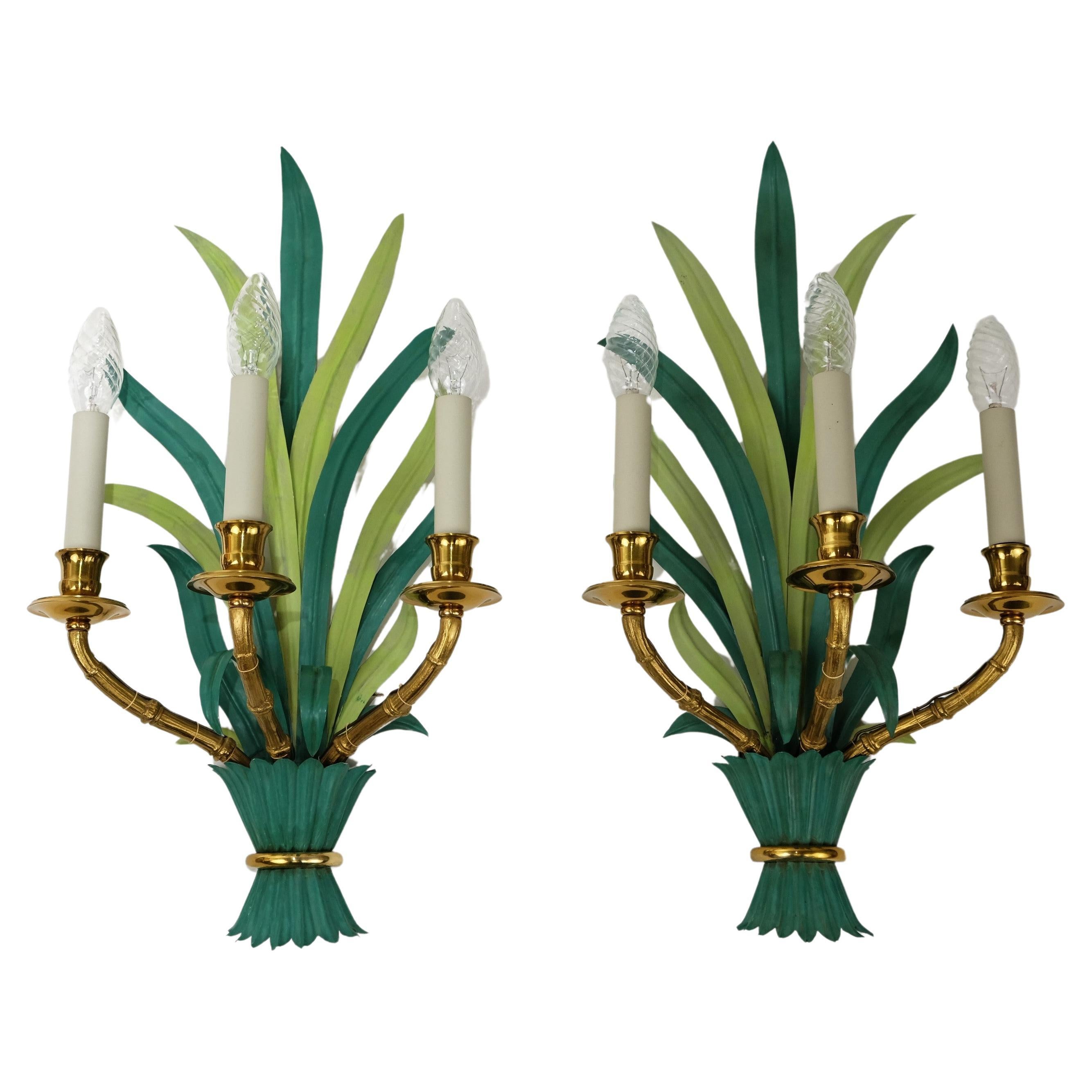 Pair of Wall Lamps / Sconces by Maison Bagues Bamboo Palm Leaves, France 1950s For Sale