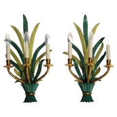 Pair of Mid Century Sconces by Maison Bagues Bamboo Palm Leaves, France 1950s