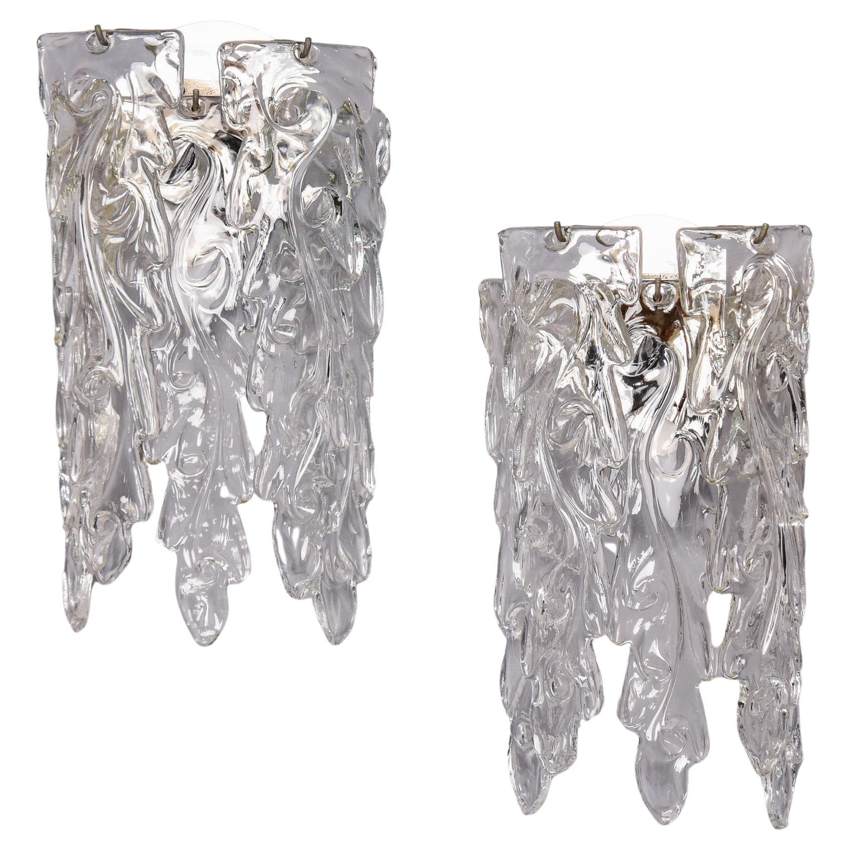 Pair of Mid Century Sconces with Murano Glass Pendants Attributed to Barovier  For Sale