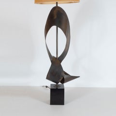 Pair of Mid-Century Sculptural Brutalist Patinated Steel Ribbon Table Lamps