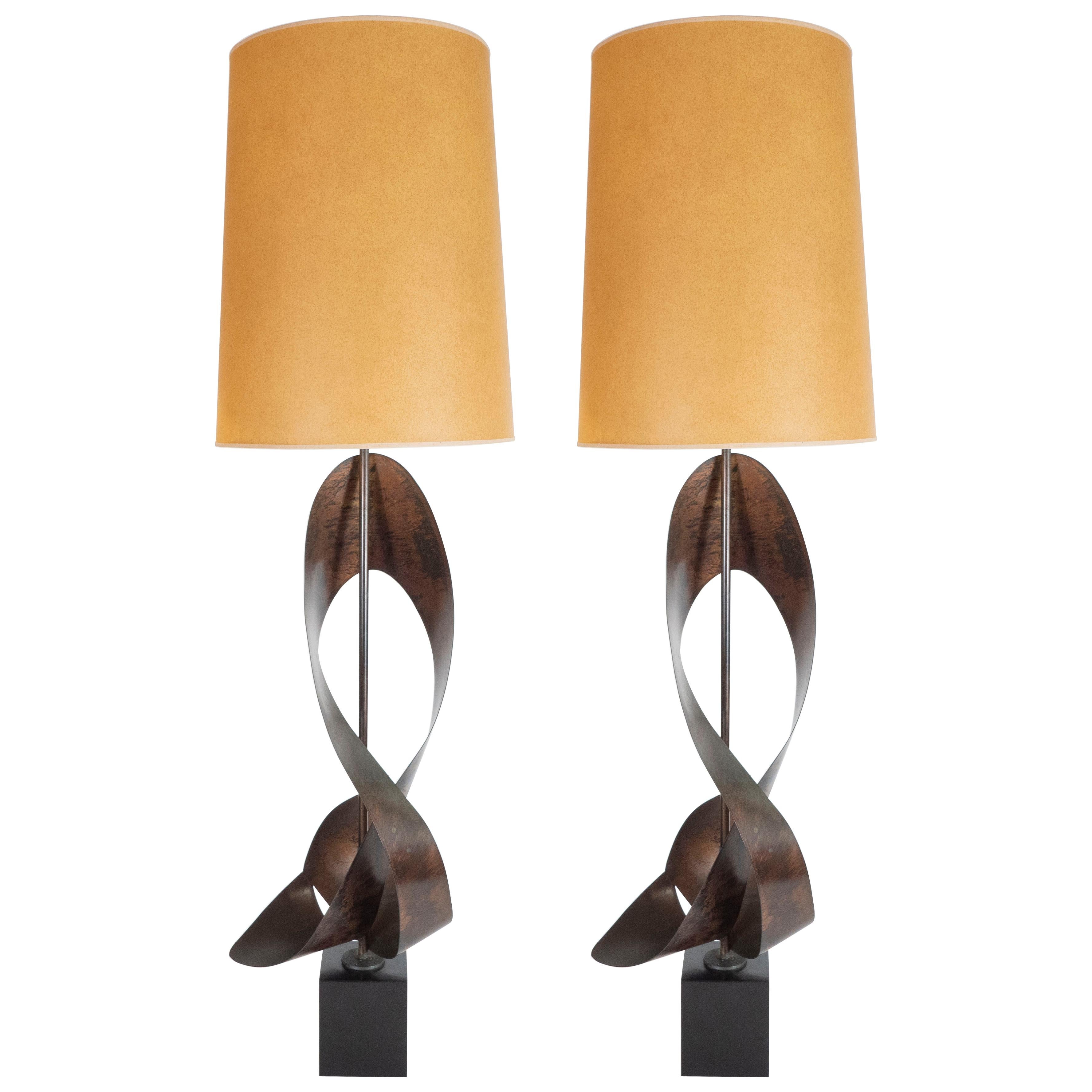 Pair of Mid-Century Sculptural Brutalist Patinated Steel Ribbon Table Lamps