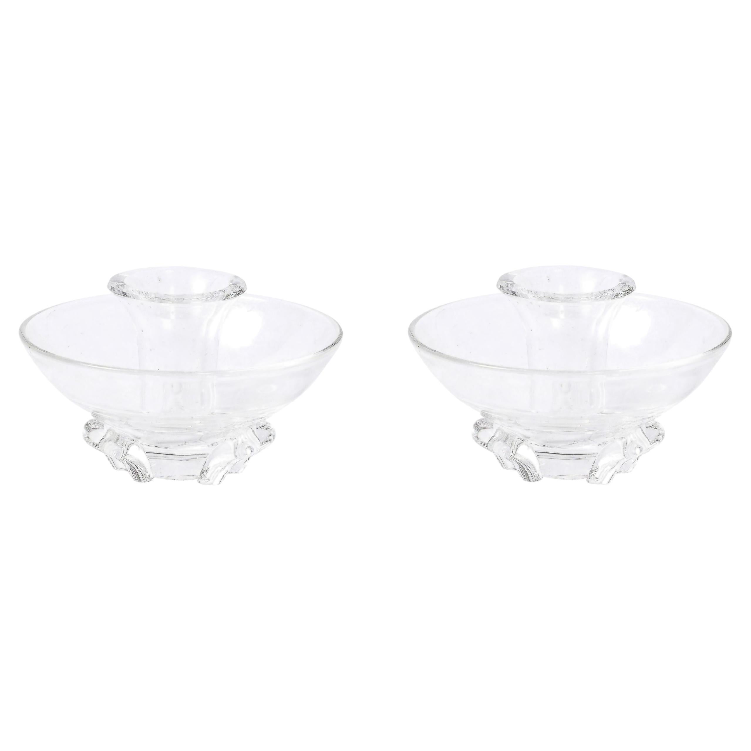 Pair of Mid-Century Sculptural Crystal Candlestick Holders Signed Steuben For Sale