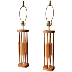Pair of Mid Century Modern Sculptural Walnut Table Lamps by Tony Paul