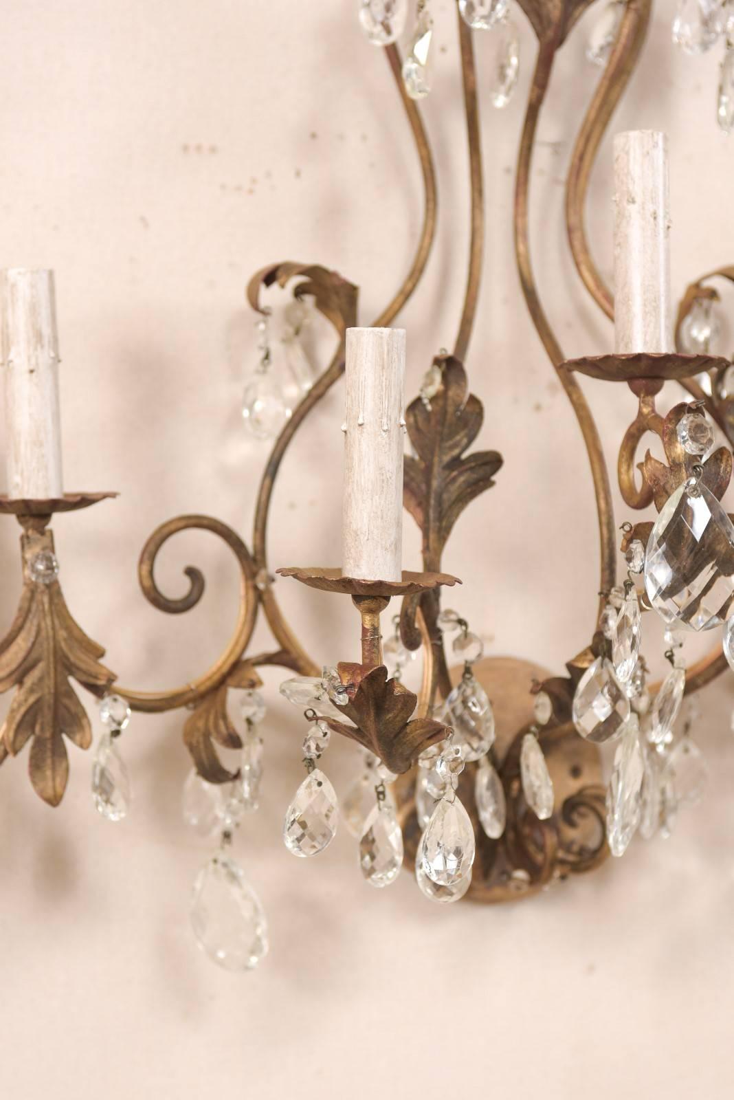Pair of Mid-Century Seven-Light Crystal and Iron Sconces with Leaf Crest Tops For Sale 3