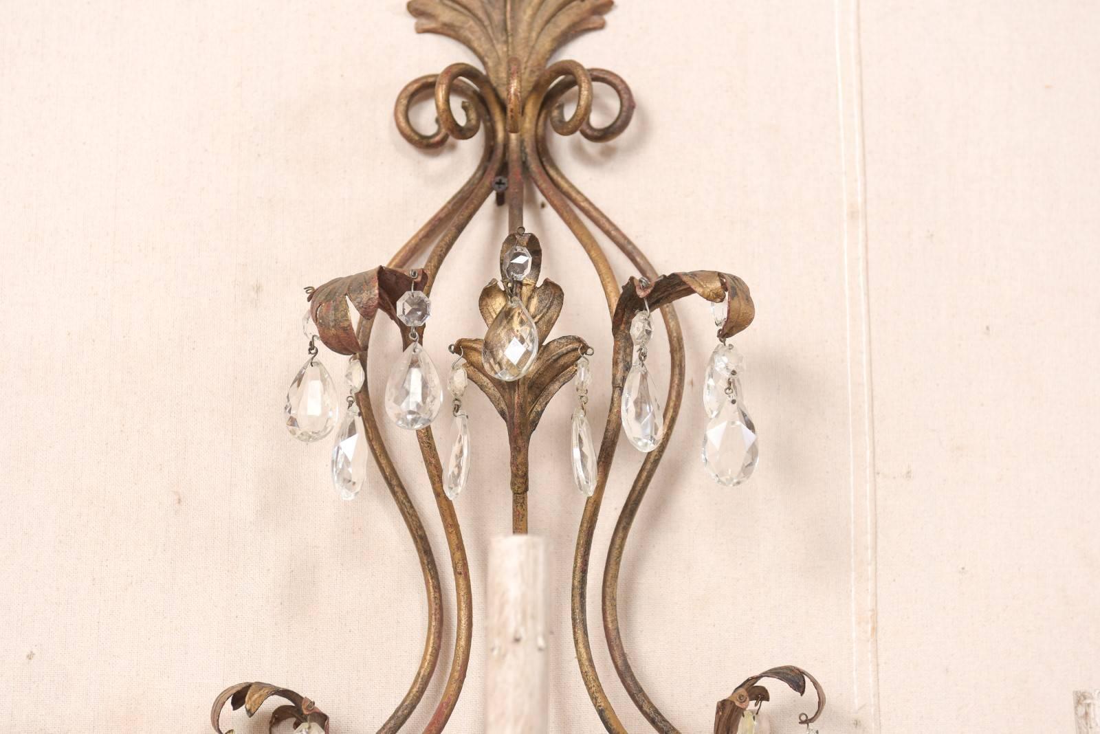 Pair of Mid-Century Seven-Light Crystal and Iron Sconces with Leaf Crest Tops For Sale 1