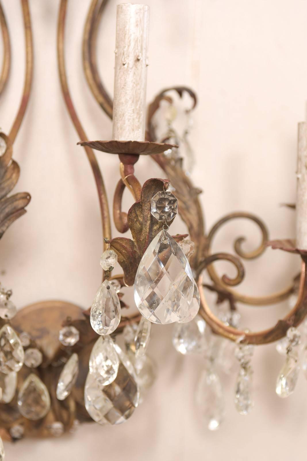 Pair of Mid-Century Seven-Light Crystal and Iron Sconces with Leaf Crest Tops For Sale 2