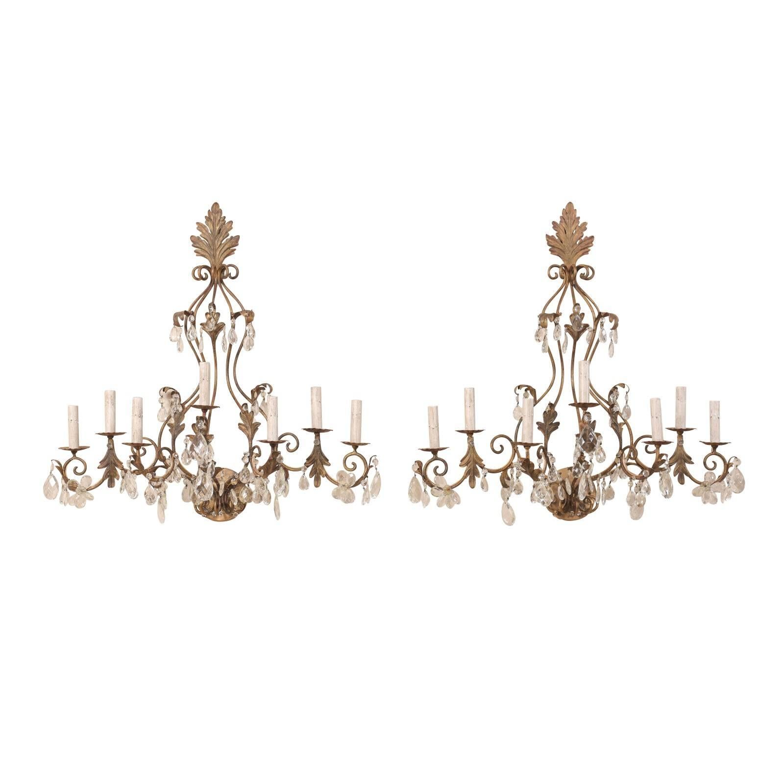 Pair of Mid-Century Seven-Light Crystal and Iron Sconces with Leaf Crest Tops For Sale