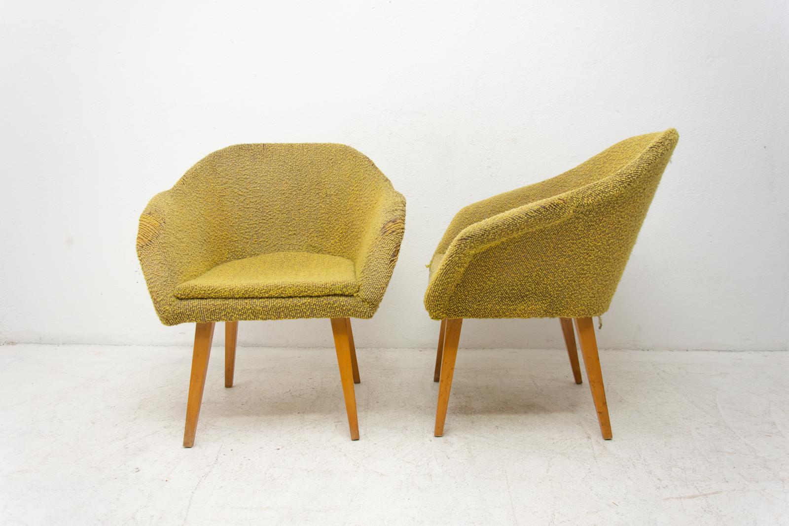 Fabric Pair of Midcentury Shell Fiberglass Lounge Chairs, Czechoslovakia, 1960s For Sale