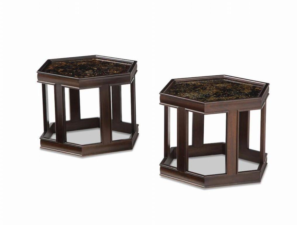 Pair of Mid-Century side tables. Designed by John Keal for Brown Saltman.
Walnut with gold/copper pebbled resin design under glass tops. 1960's.