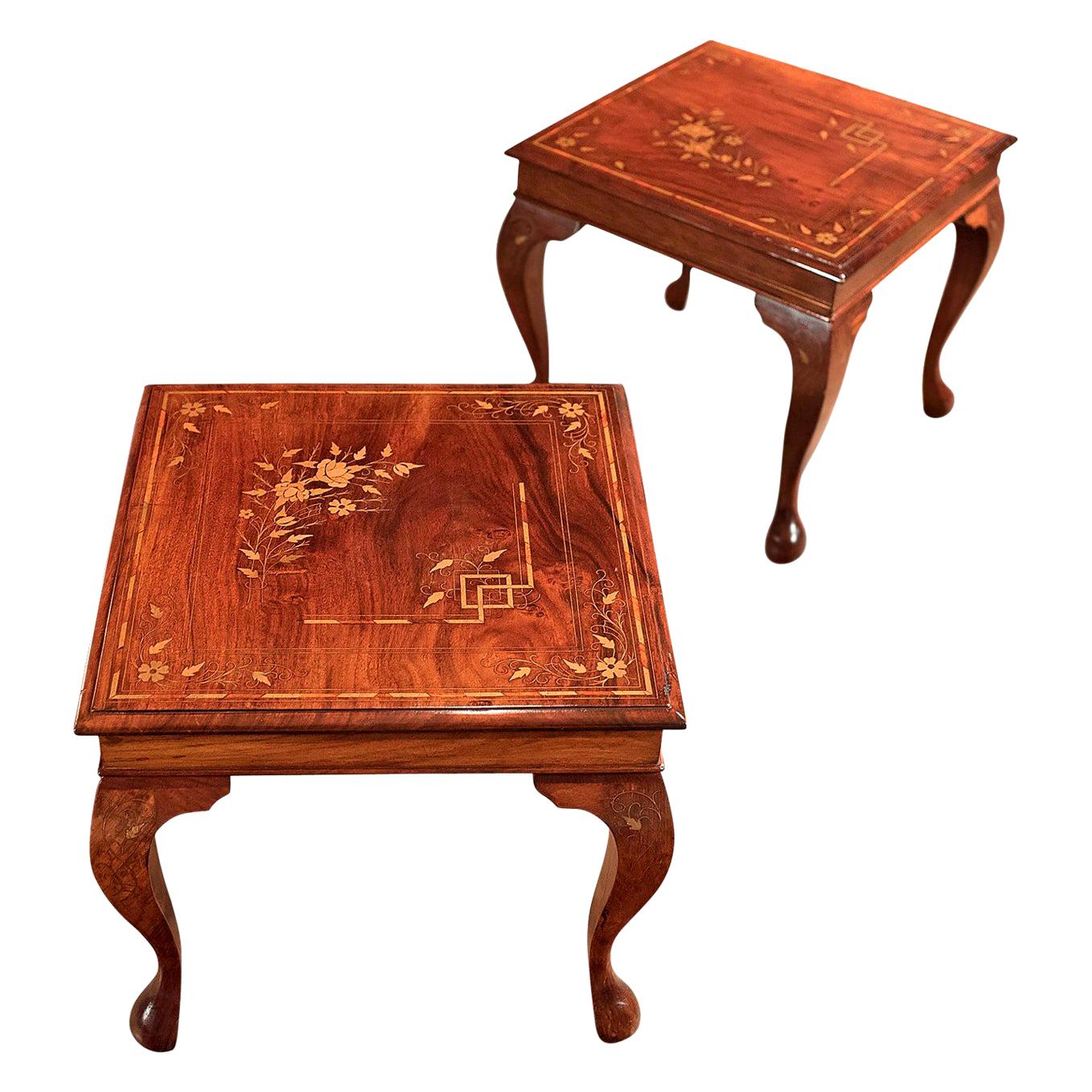 Pair of Midcentury Side Tables, Inlaid Asian Walnut