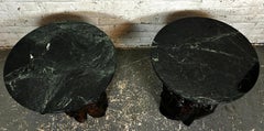 Pair of Mid-Century Side Tables with Green Marble Tops and Live Edge Bases