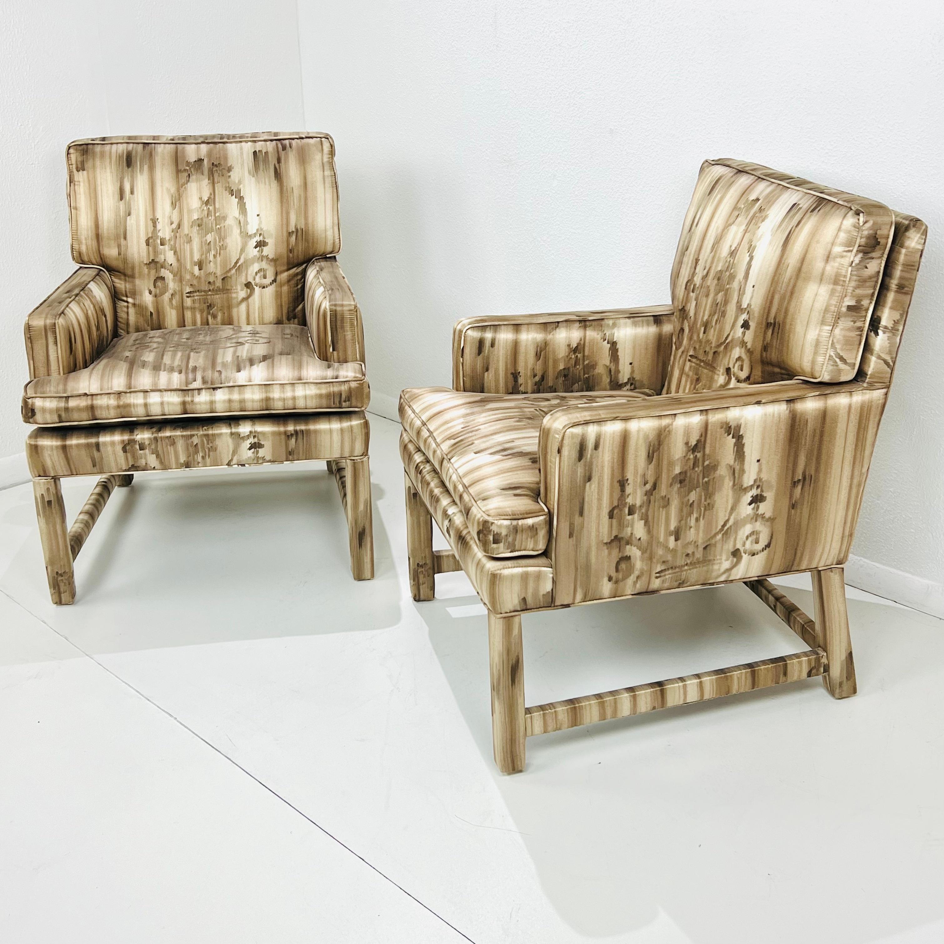 Pair of Mid Century Silk Upholstered Parsons Armchairs 4