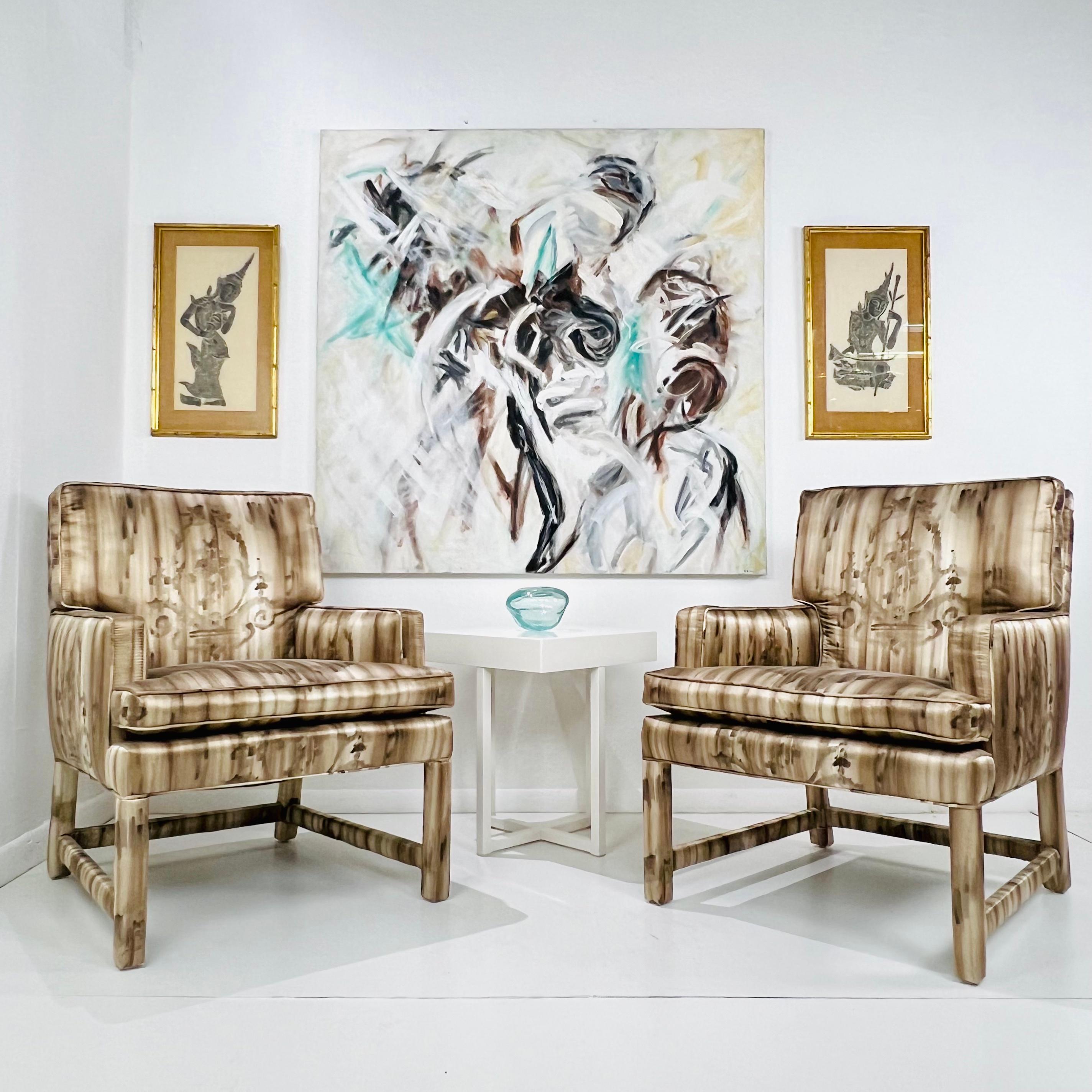 Pair of Mid Century Silk Upholstered Parsons Armchairs 5