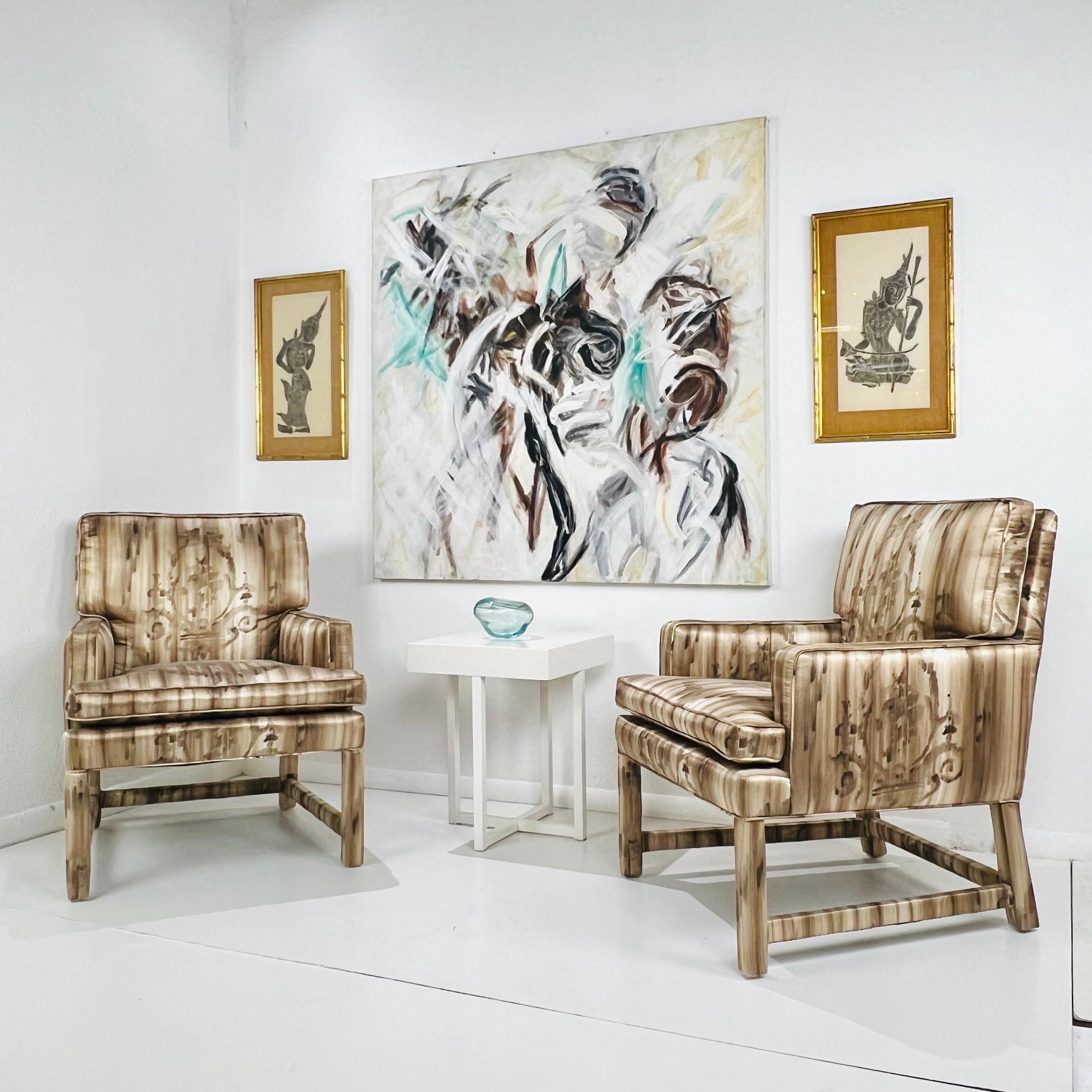 Pair of Mid Century Silk Upholstered Parsons Armchairs 6