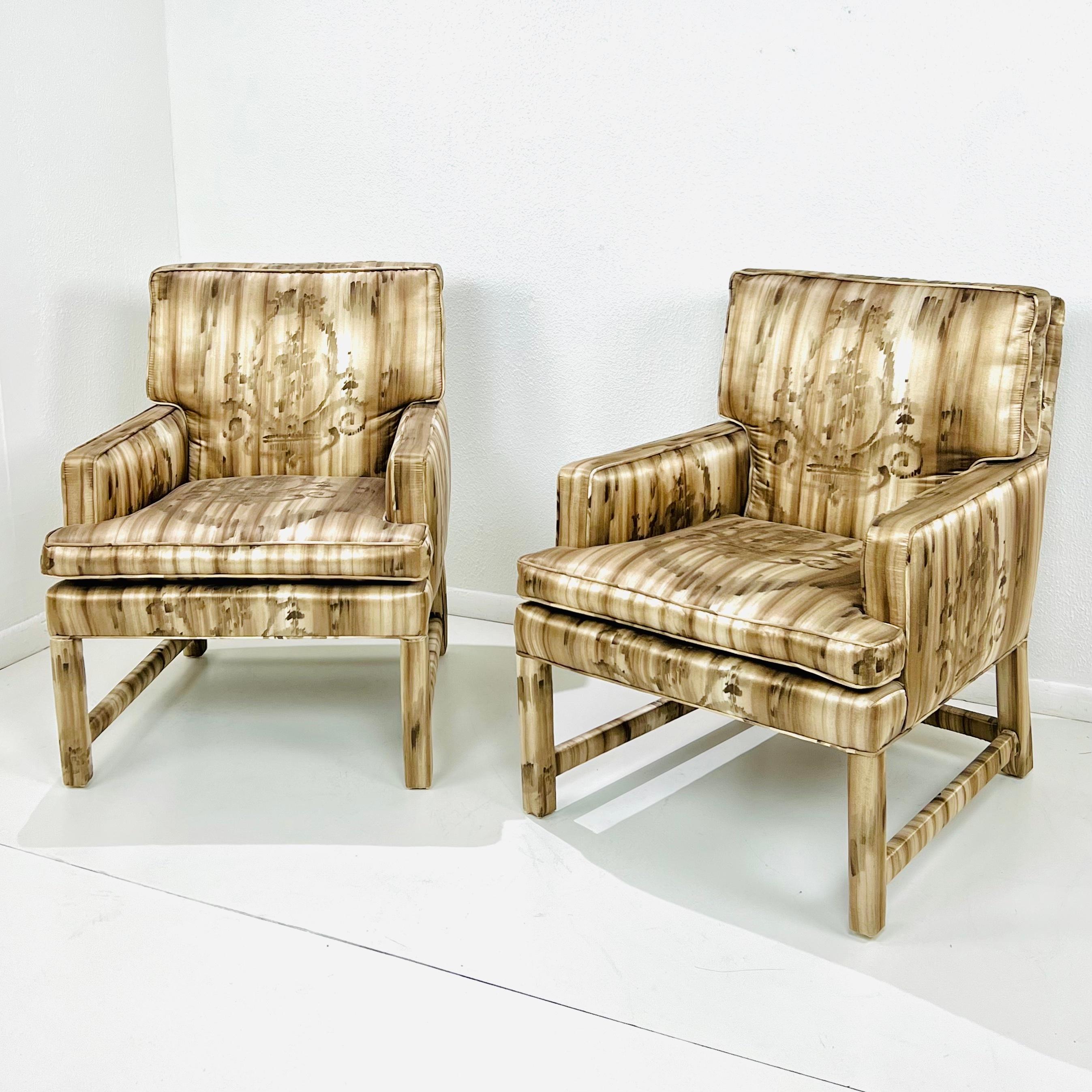 North American Pair of Mid Century Silk Upholstered Parsons Armchairs