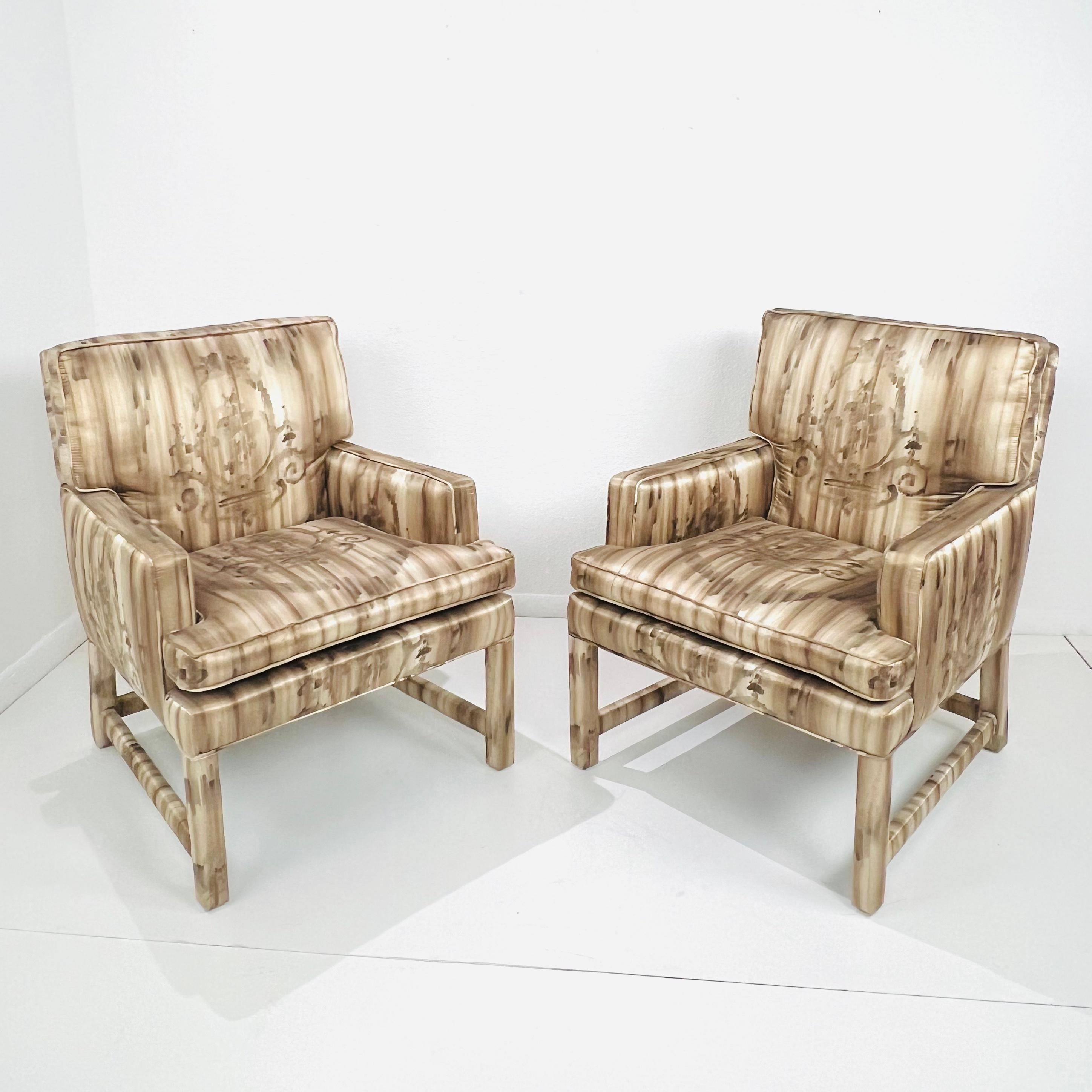 Pair of Mid Century Silk Upholstered Parsons Armchairs In Good Condition In Dallas, TX