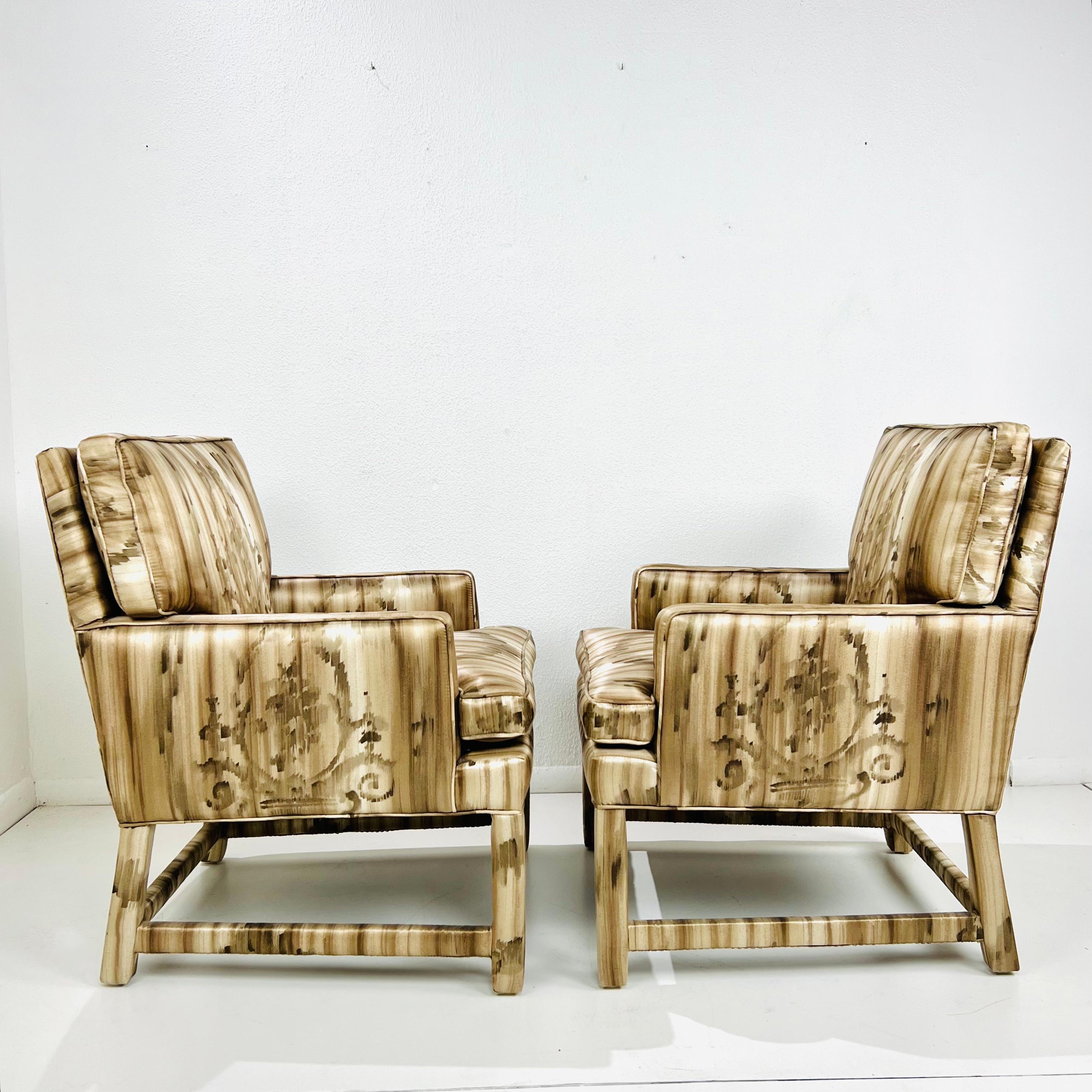 20th Century Pair of Mid Century Silk Upholstered Parsons Armchairs