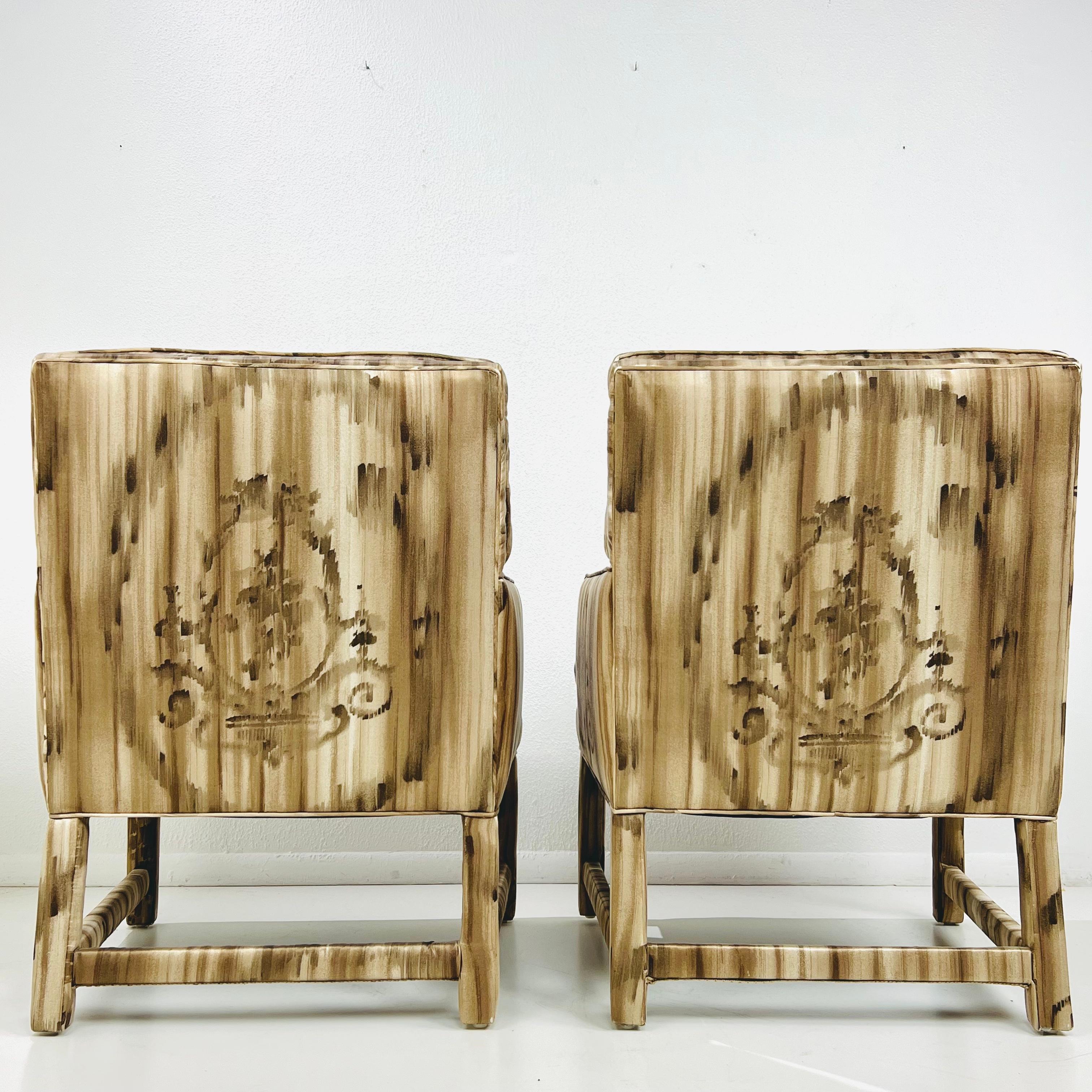 Pair of Mid Century Silk Upholstered Parsons Armchairs 1