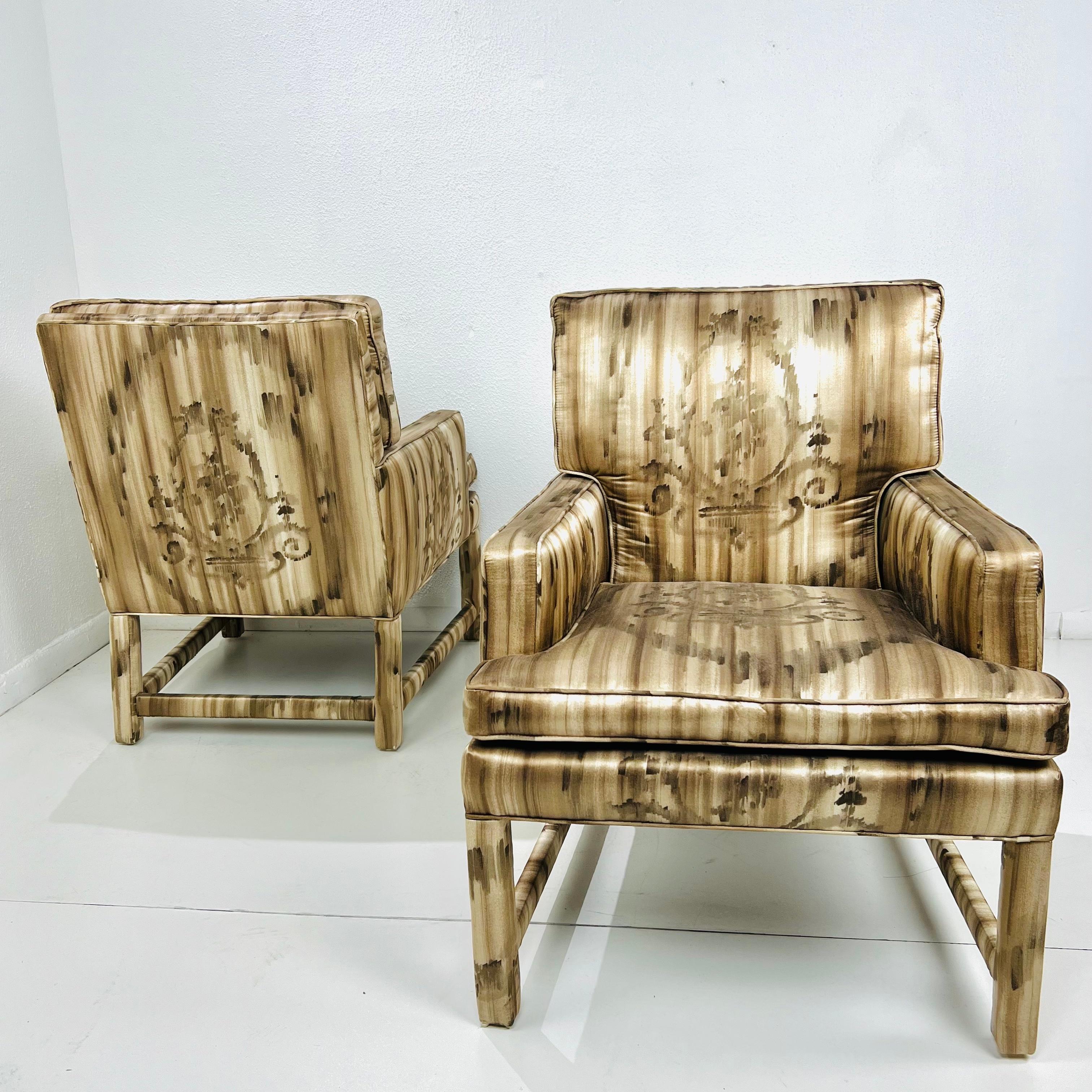 Pair of Mid Century Silk Upholstered Parsons Armchairs 3