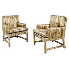 Pair of Mid Century Silk Upholstered Parsons Armchairs
