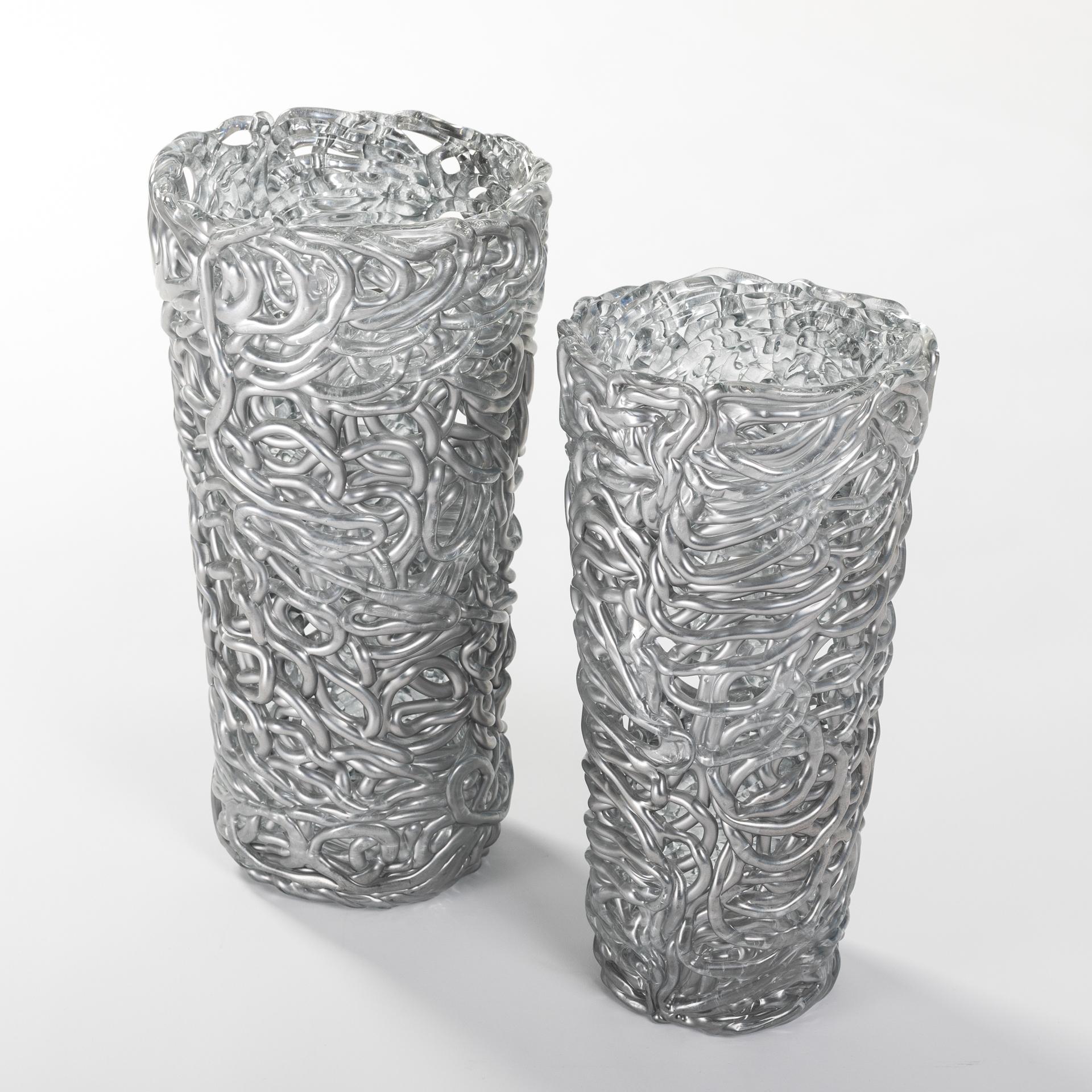 Mid-Century Modern Pair of Midcentury Silver-Colored Murano Glass Vases out of Glass Veins For Sale
