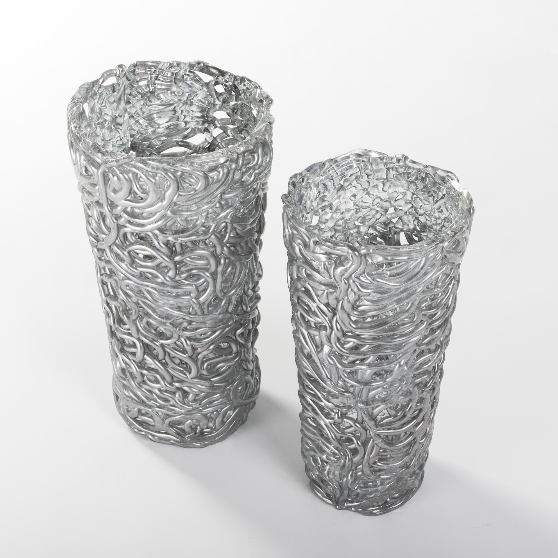 Italian Pair of Midcentury Silver-Colored Murano Glass Vases out of Glass Veins For Sale