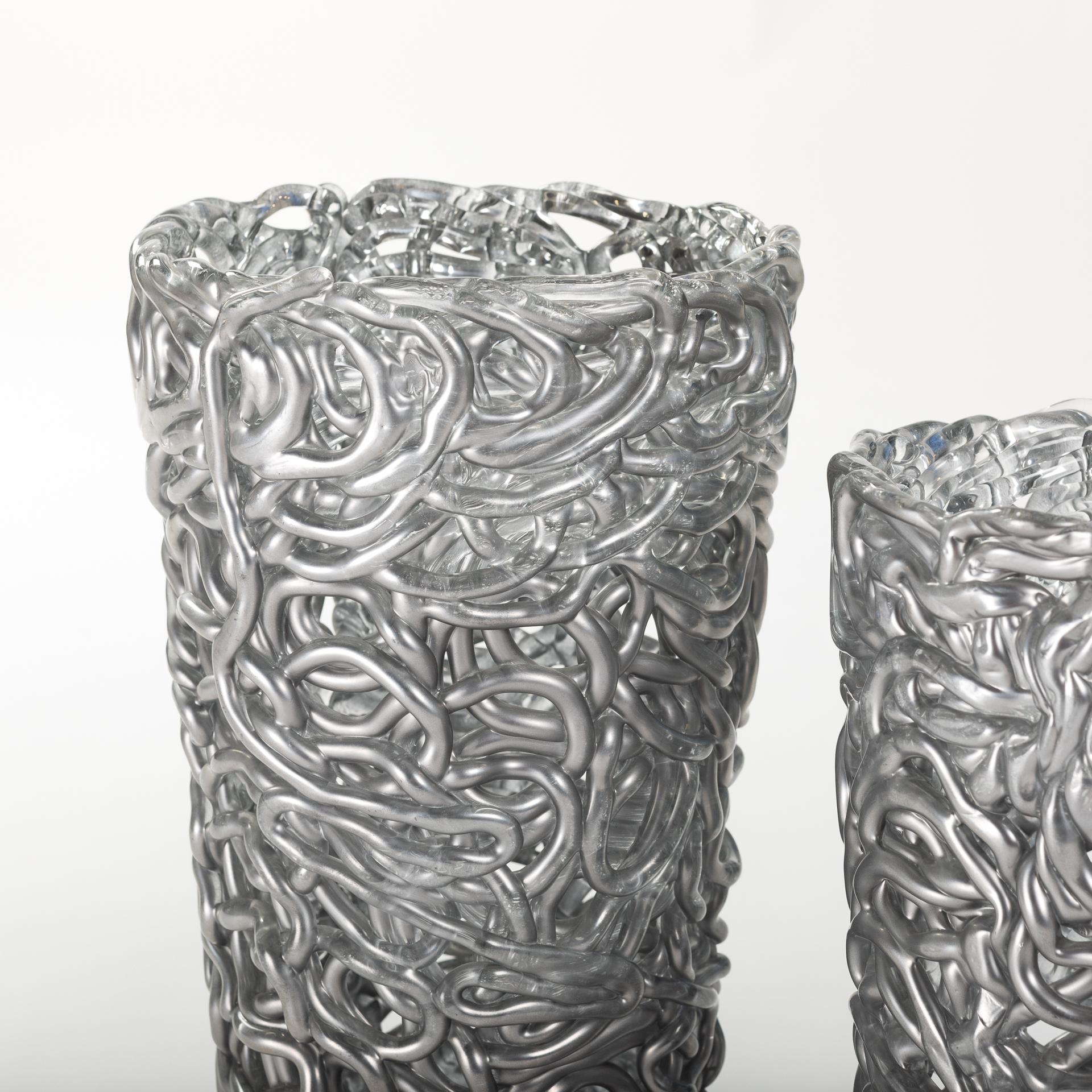 Hand-Crafted Pair of Midcentury Silver-Colored Murano Glass Vases out of Glass Veins For Sale