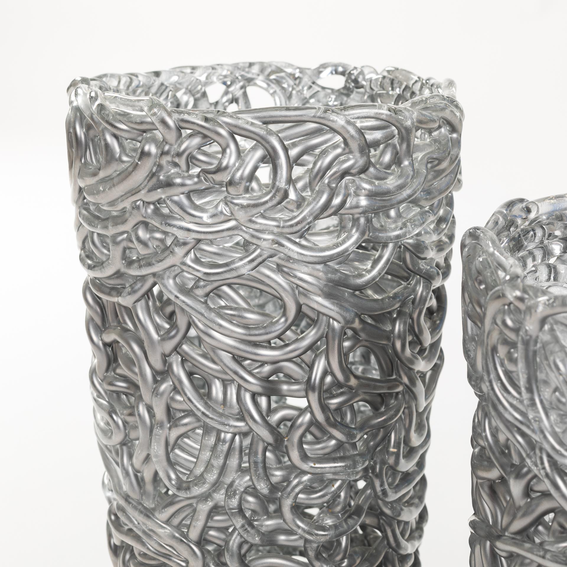 Pair of Midcentury Silver-Colored Murano Glass Vases out of Glass Veins In Good Condition For Sale In Salzburg, AT