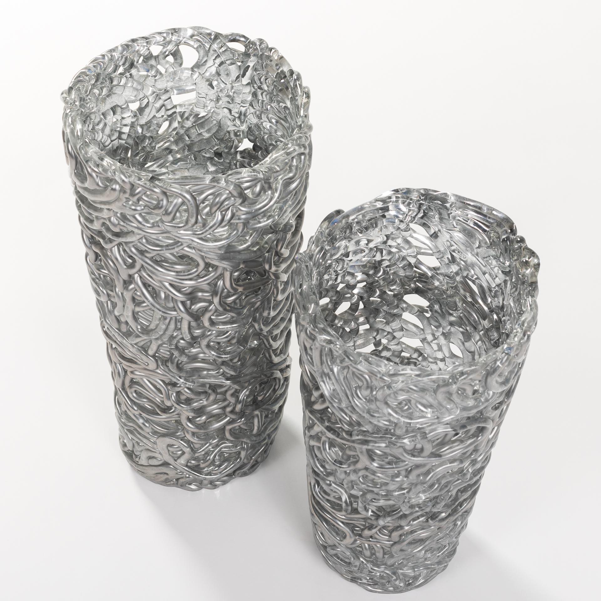 Late 20th Century Pair of Midcentury Silver-Colored Murano Glass Vases out of Glass Veins For Sale