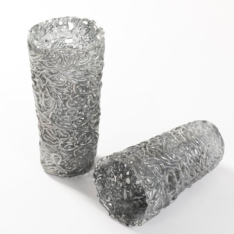 Pair of Midcentury Silver-Colored Murano Glass Vases out of Glass Veins For Sale 1