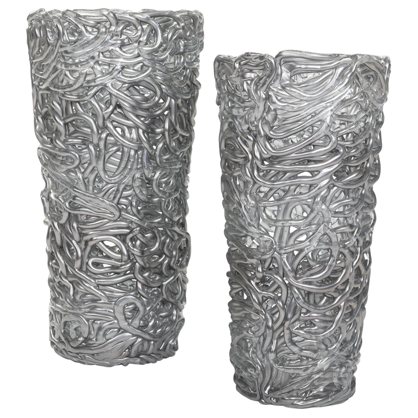Pair of Midcentury Silver-Colored Murano Glass Vases out of Glass Veins