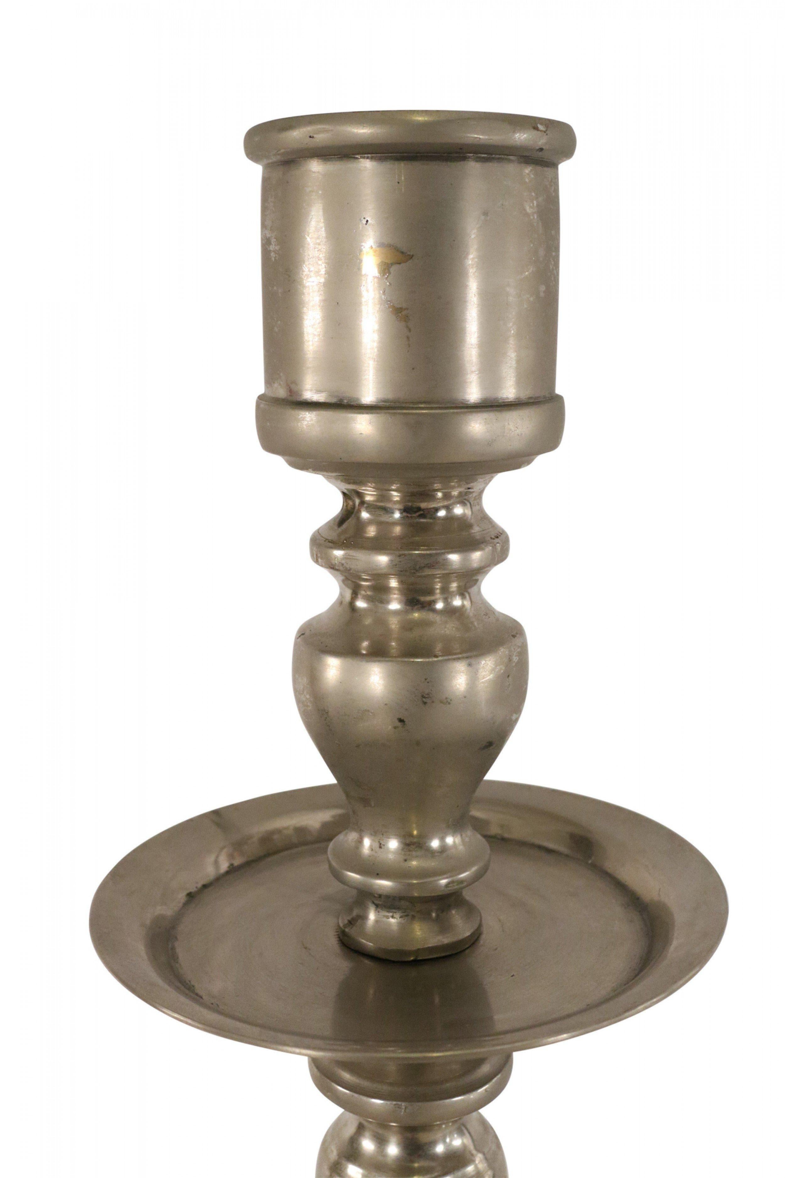 American Pair of Mid-Century Silver Metal Turned Design Floor Torchiere/Candle Holders For Sale