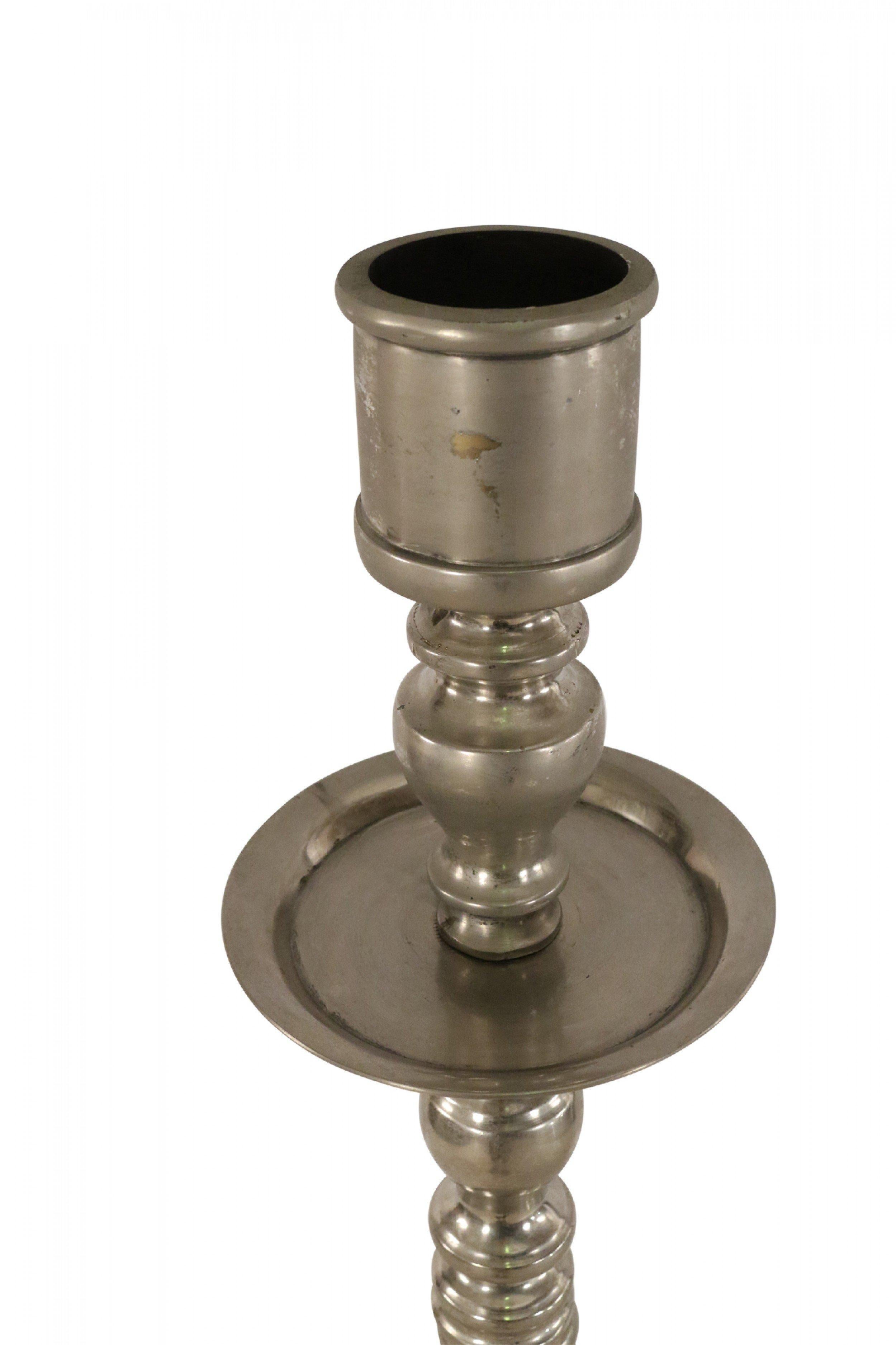Pair of Mid-Century Silver Metal Turned Design Floor Torchiere/Candle Holders In Good Condition For Sale In New York, NY