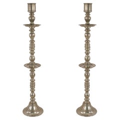Pair of Mid-Century Silver Metal Turned Design Floor Torchiere/Candle Holders