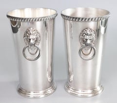 Pair of Mid-Century Silver Plate Lion Heads Champagne Buckets Wine Coolers