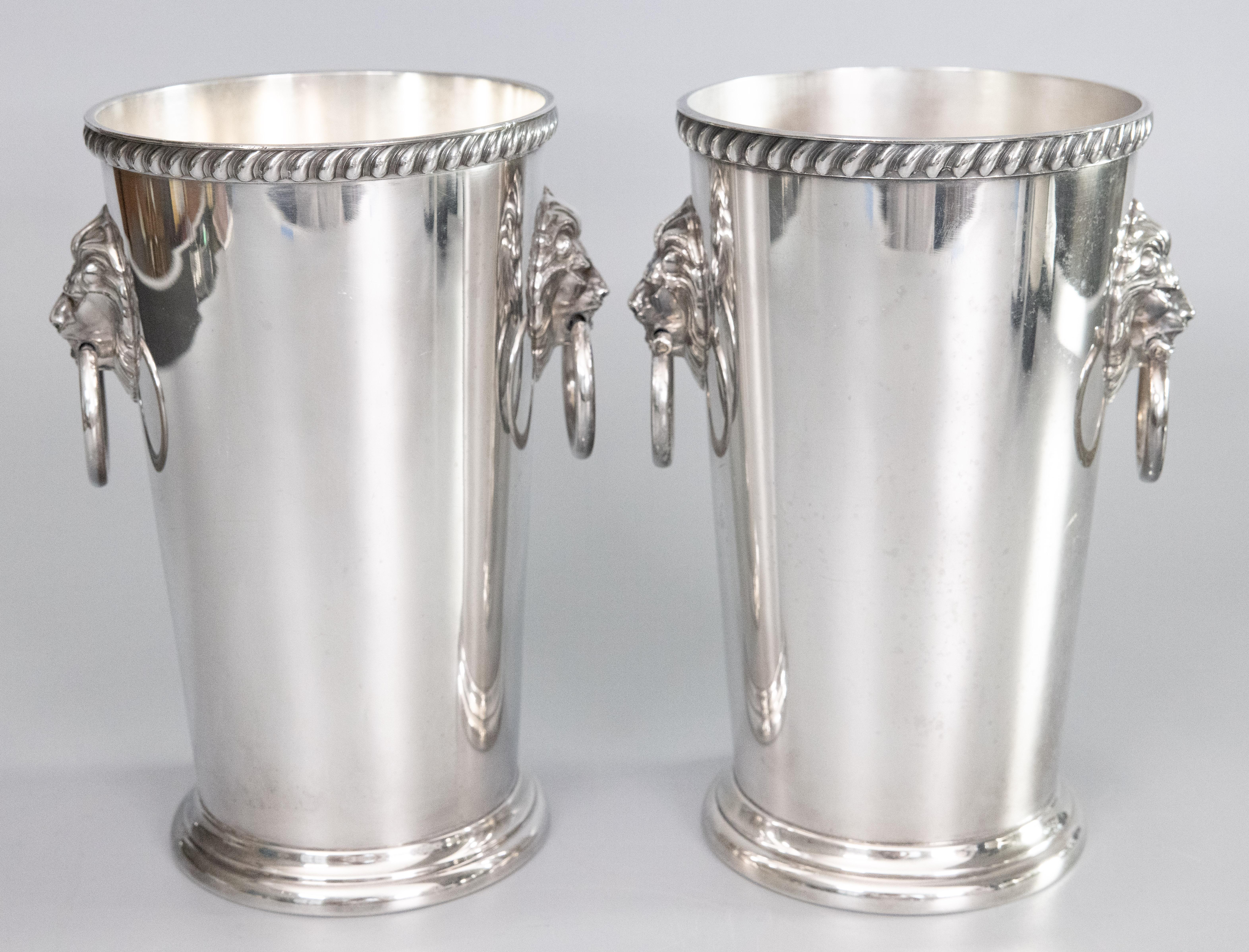 American Pair of Mid-Century Silver Plate Lion Heads Champagne Buckets Wine Coolers
