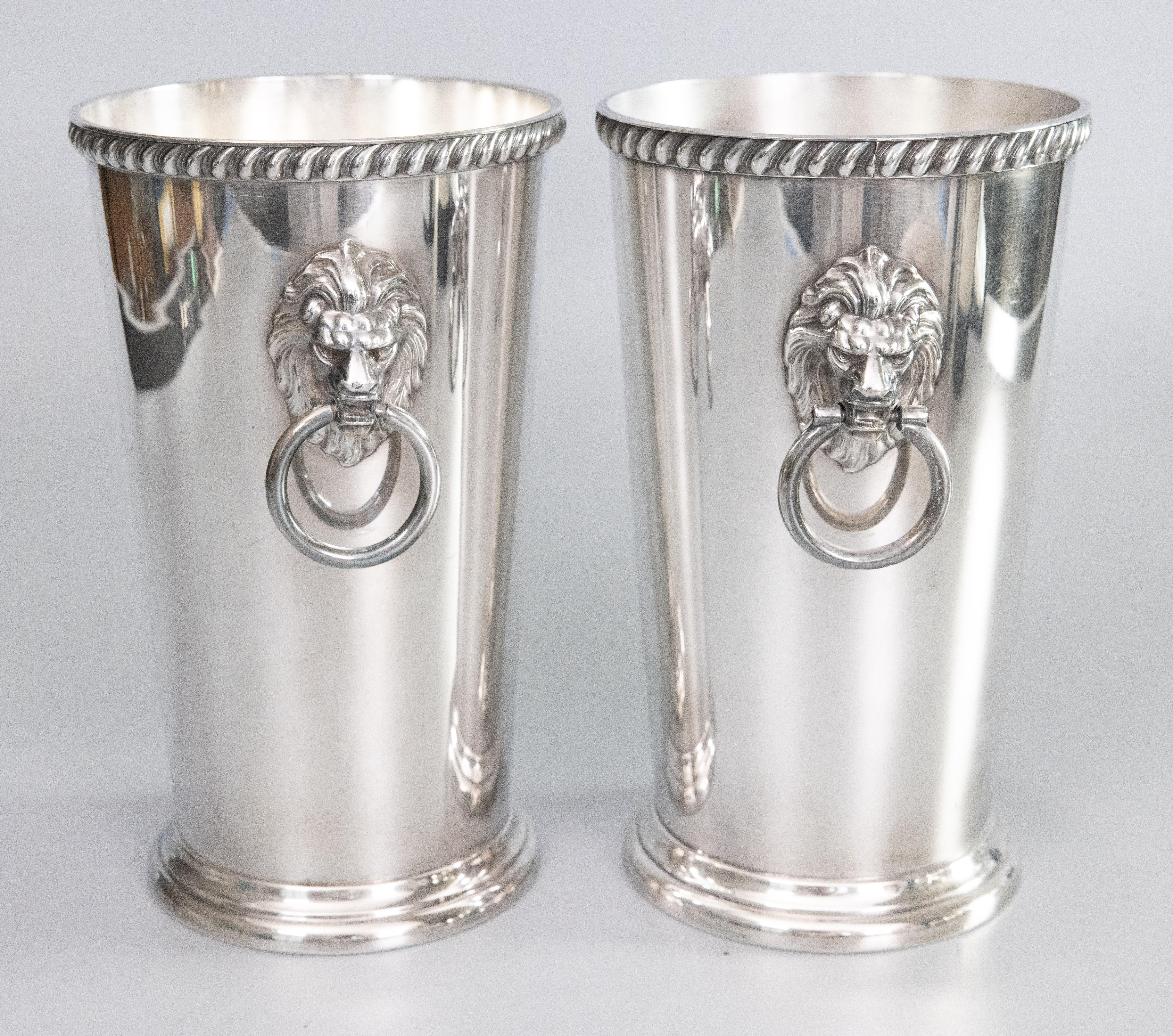 Pair of Mid-Century Silver Plate Lion Heads Champagne Buckets Wine Coolers In Good Condition In Pearland, TX