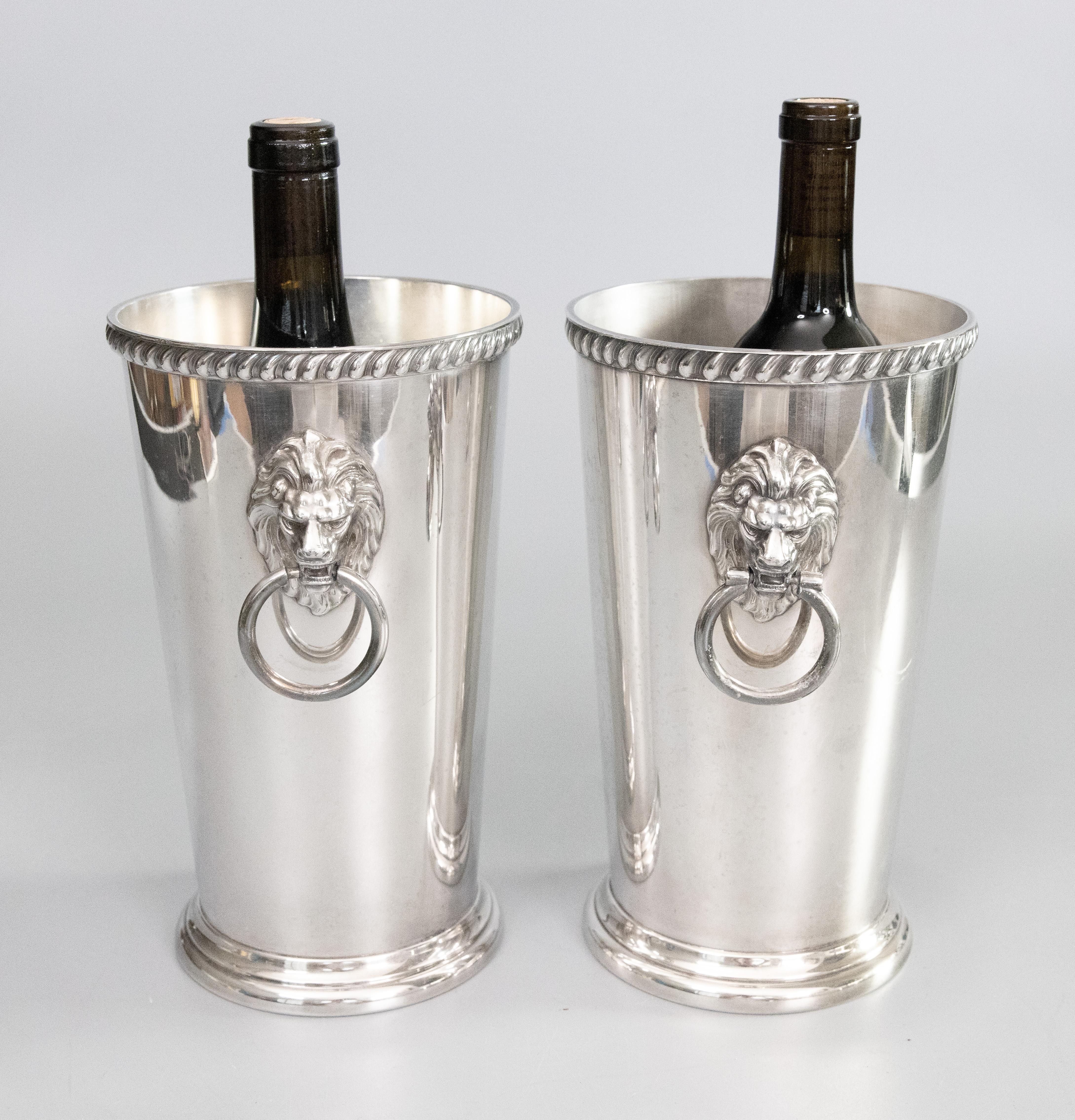 20th Century Pair of Mid-Century Silver Plate Lion Heads Champagne Buckets Wine Coolers