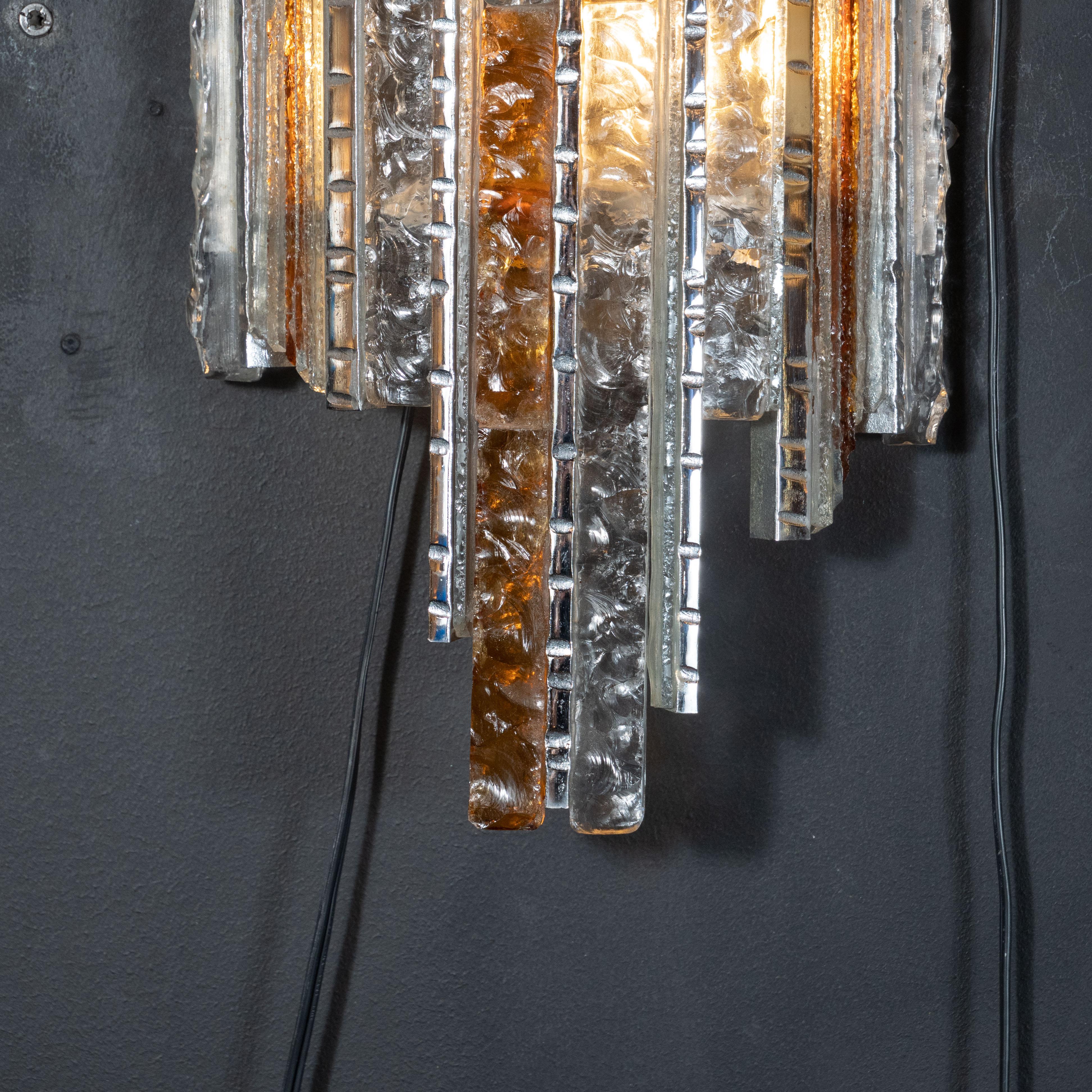 Mid-Century Modern Pair of Midcentury Silvered Iron Amber and Translucent Glass Sconces by Poliarte