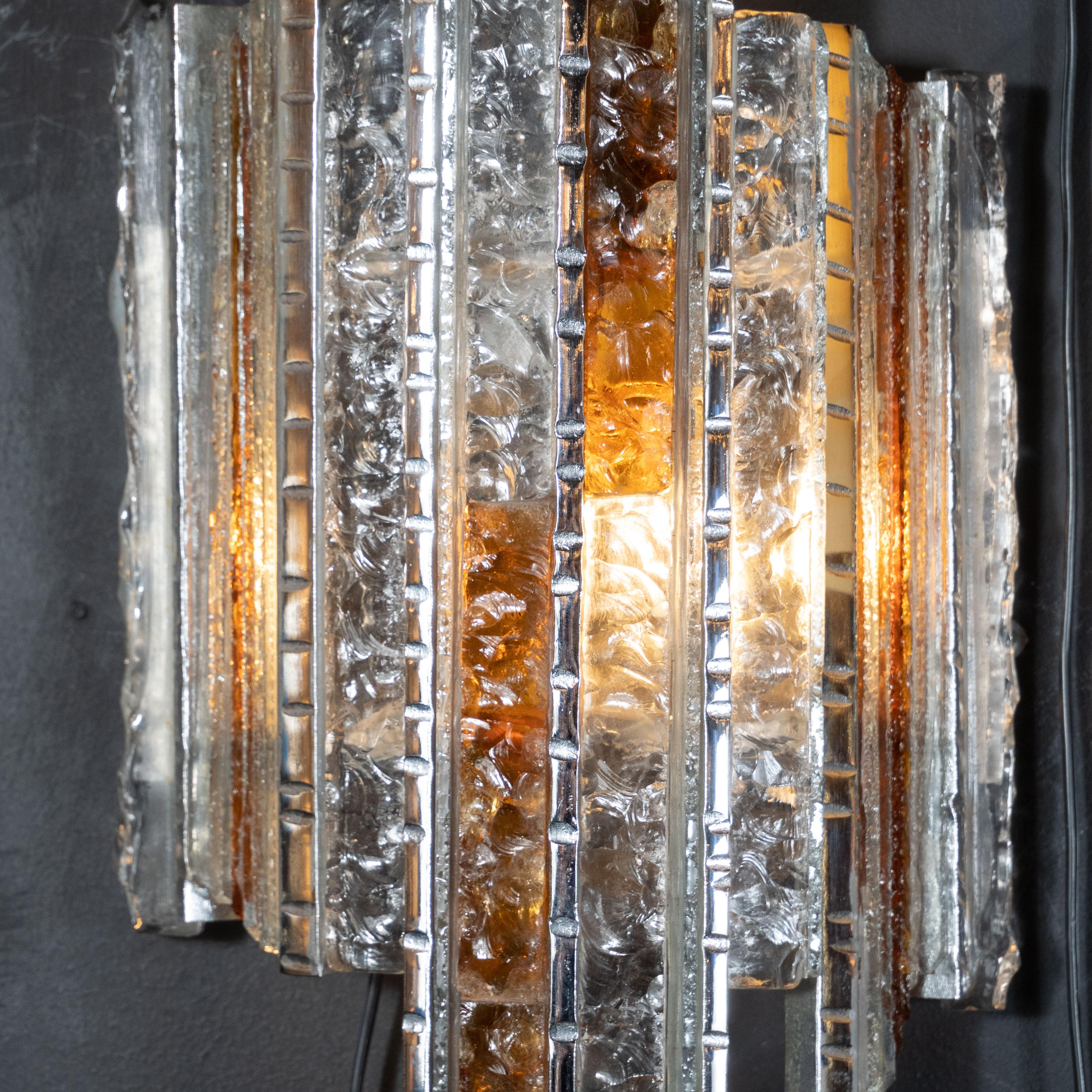 Italian Pair of Midcentury Silvered Iron Amber and Translucent Glass Sconces by Poliarte