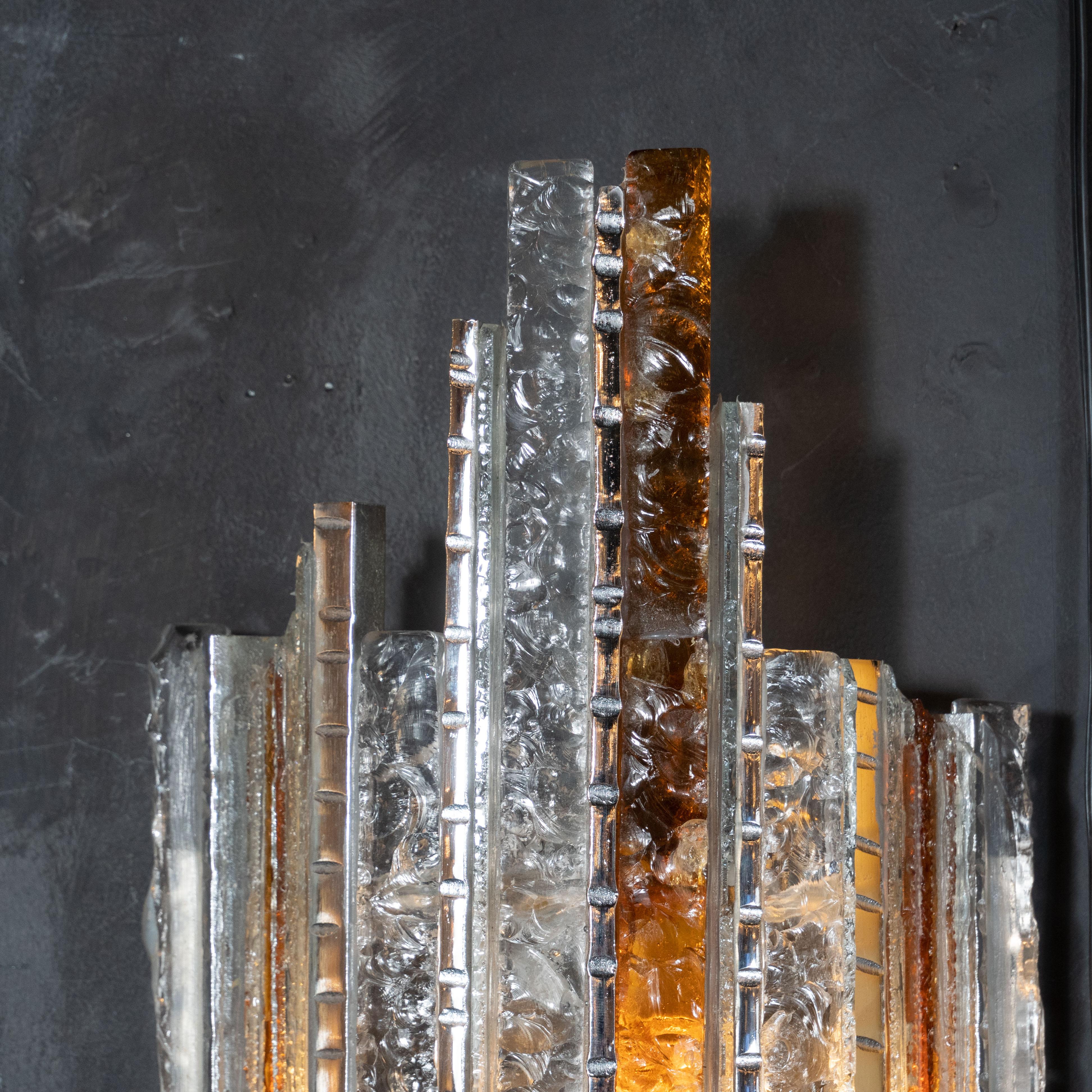 Pair of Midcentury Silvered Iron Amber and Translucent Glass Sconces by Poliarte In Excellent Condition In New York, NY