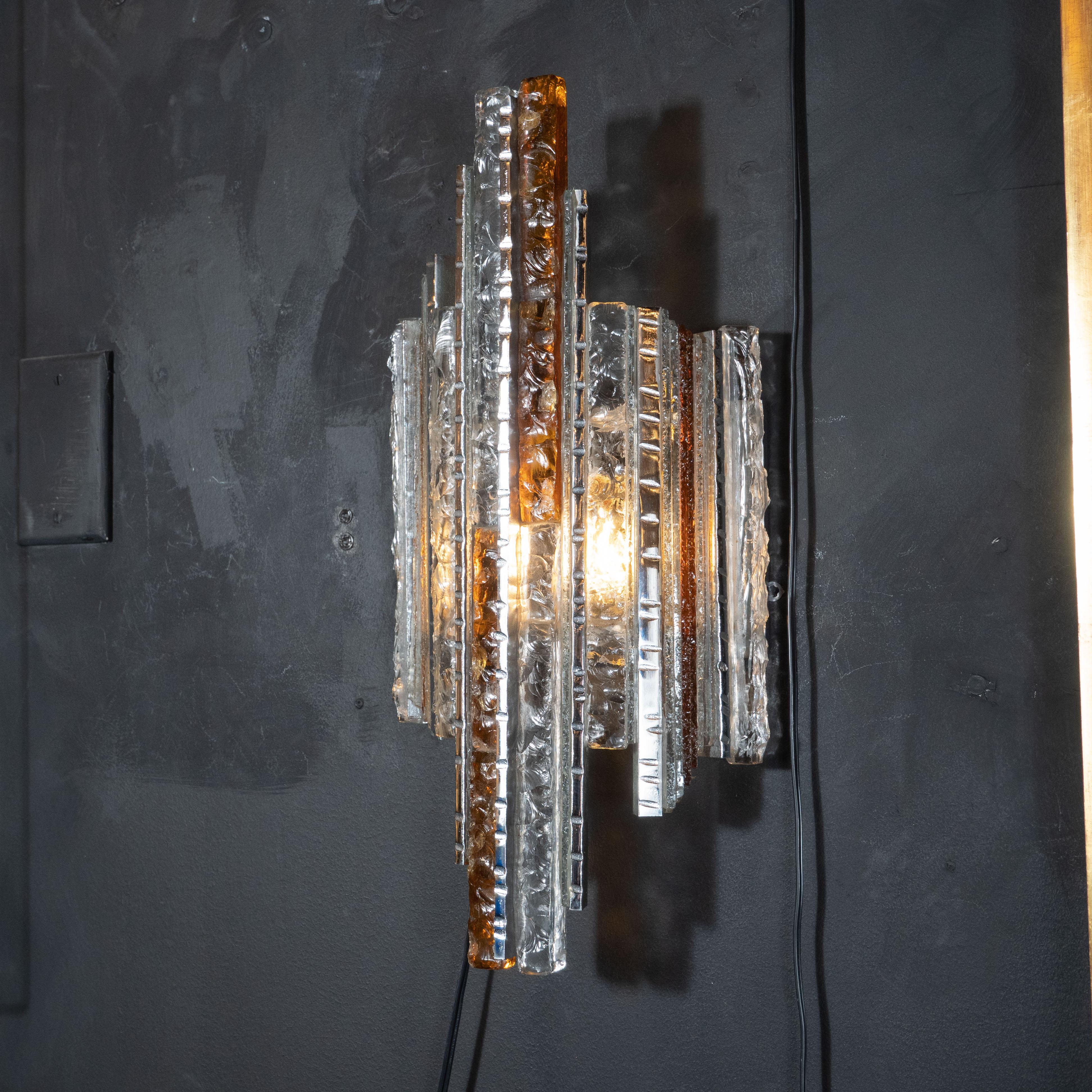Late 20th Century Pair of Midcentury Silvered Iron Amber and Translucent Glass Sconces by Poliarte