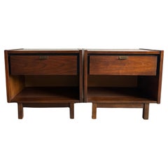 Vintage Pair of Mid century single drawer walnut nightstands with brass pulls
