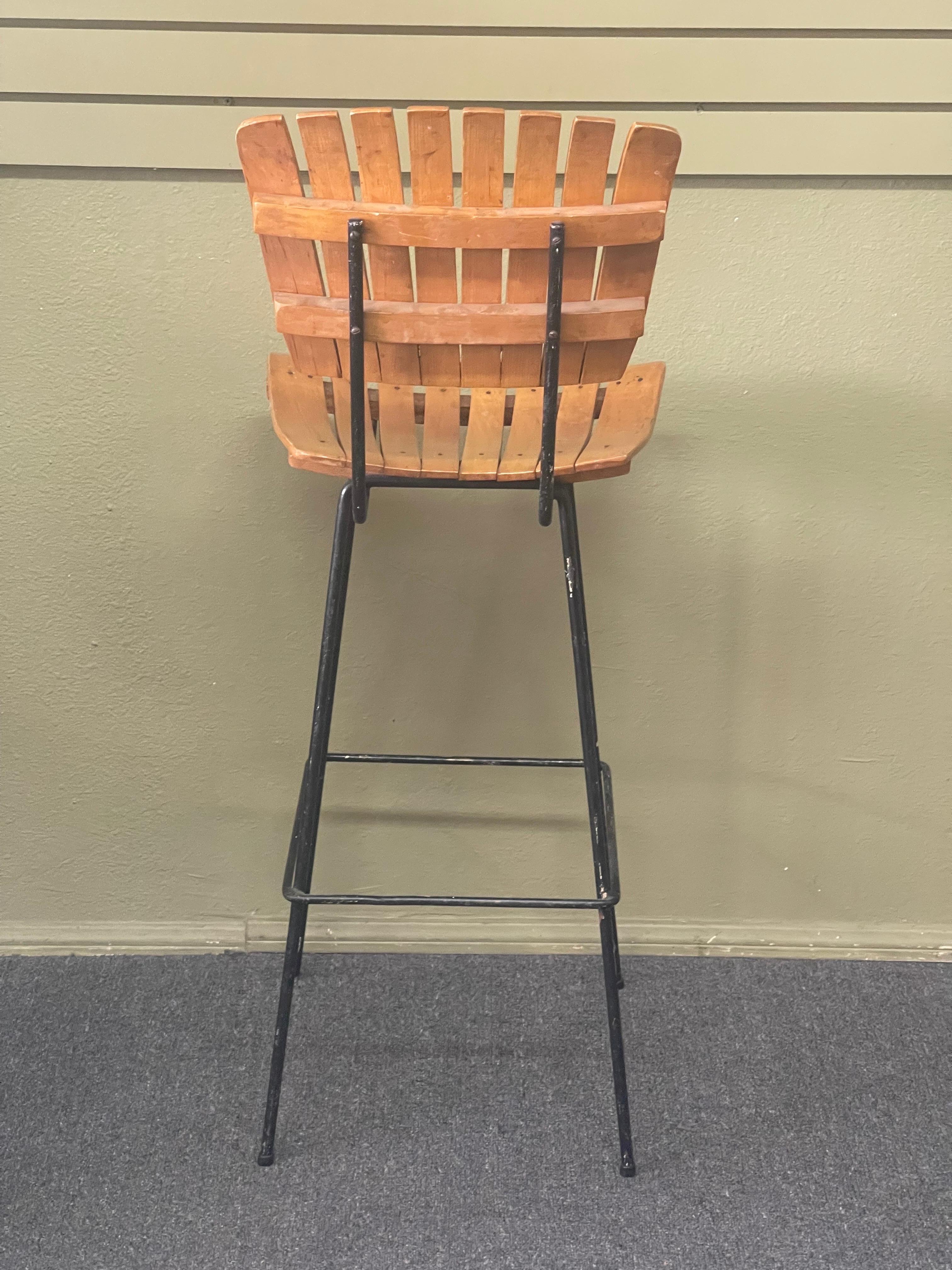 Steel Pair of Mid-Century Slat Bar Stools in the Style of Arthur Umanoff For Sale