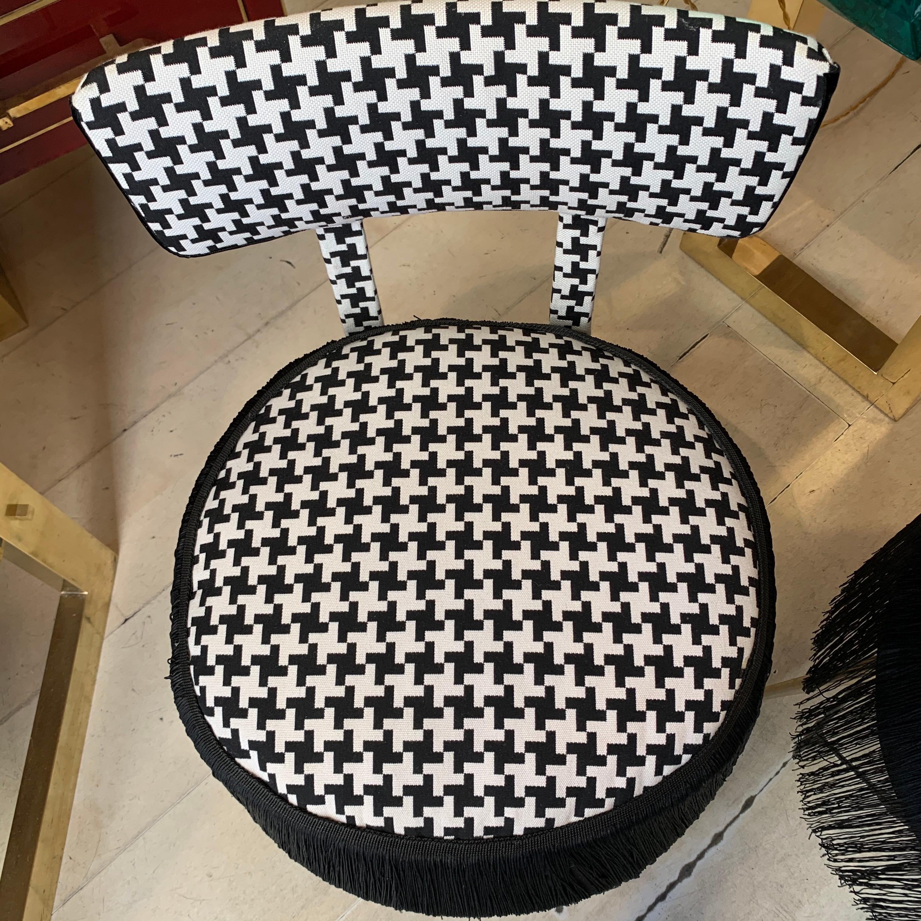Pair of Midcentury Small Padded Chairs Houndstooth Fabric with Black Fringe 2